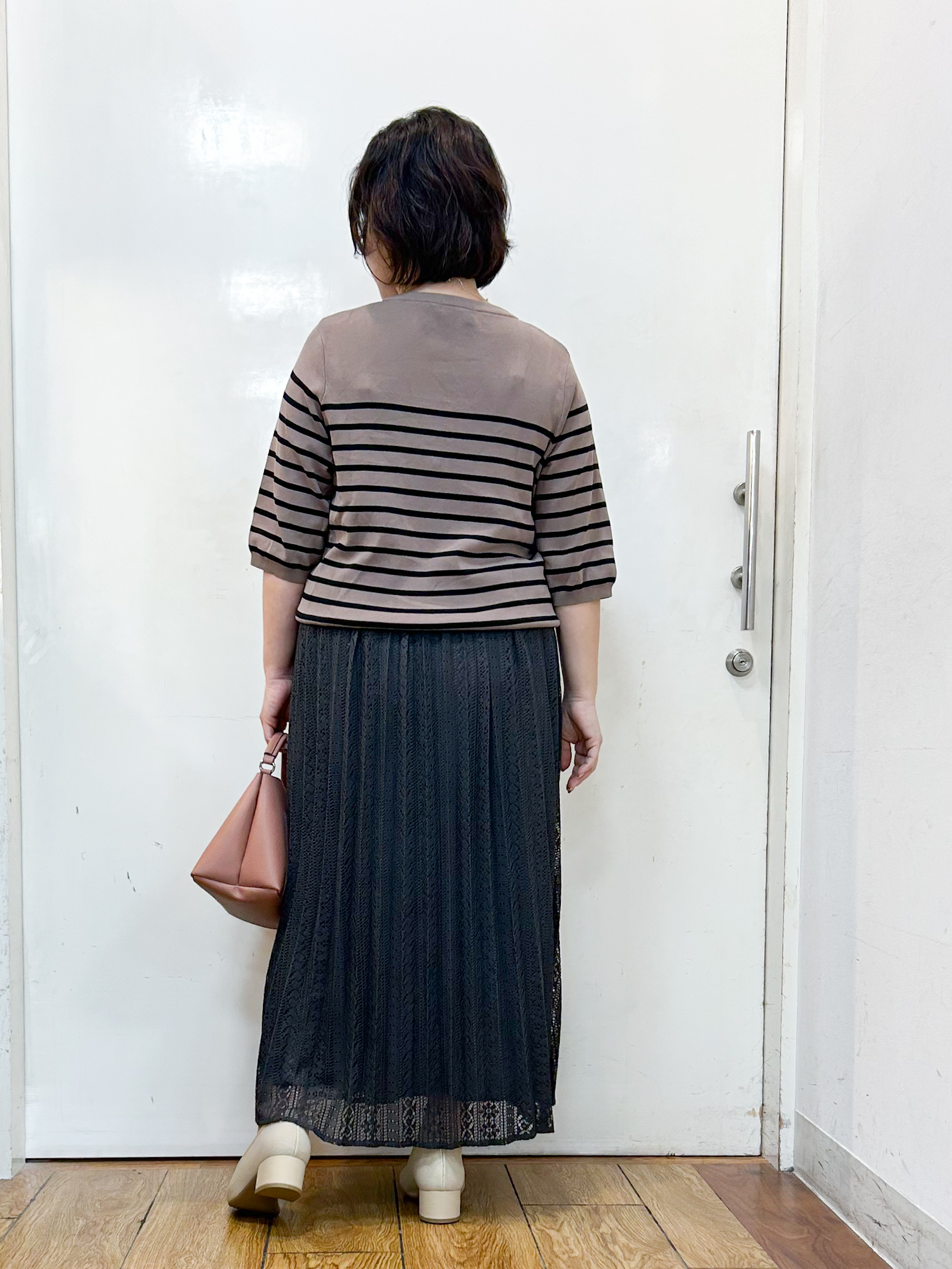 haruさんの「SHOO･LA･RUE｜【ガンガン洗える/ひんやり/UV/毛玉になりにくい】二の腕見せない 5分袖ニット」を使ったコーディネート
