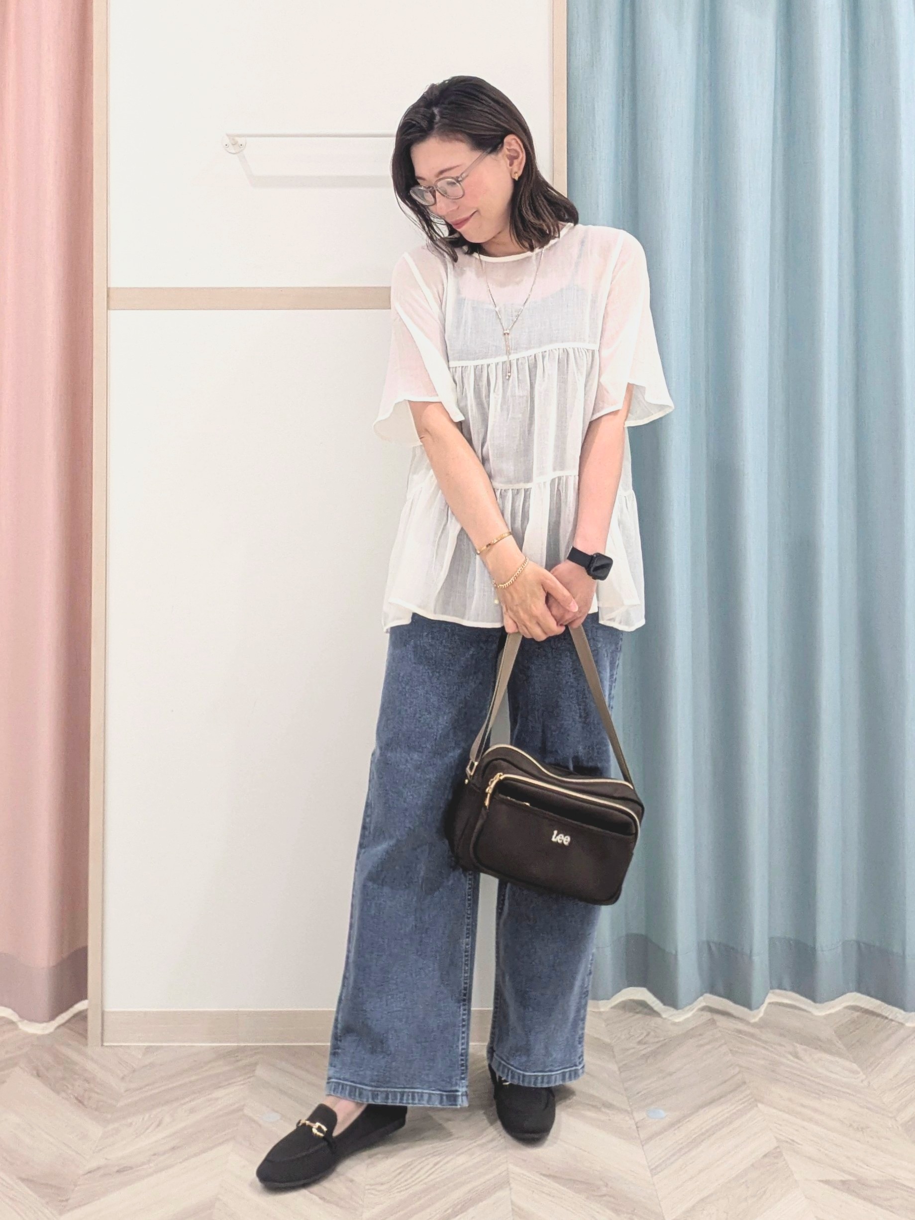 miyuさんの「SHOO･LA･RUE｜【洗濯機可/S-LL】インせず着られる シアー素材が上品なティアードブラウス」を使ったコーディネート