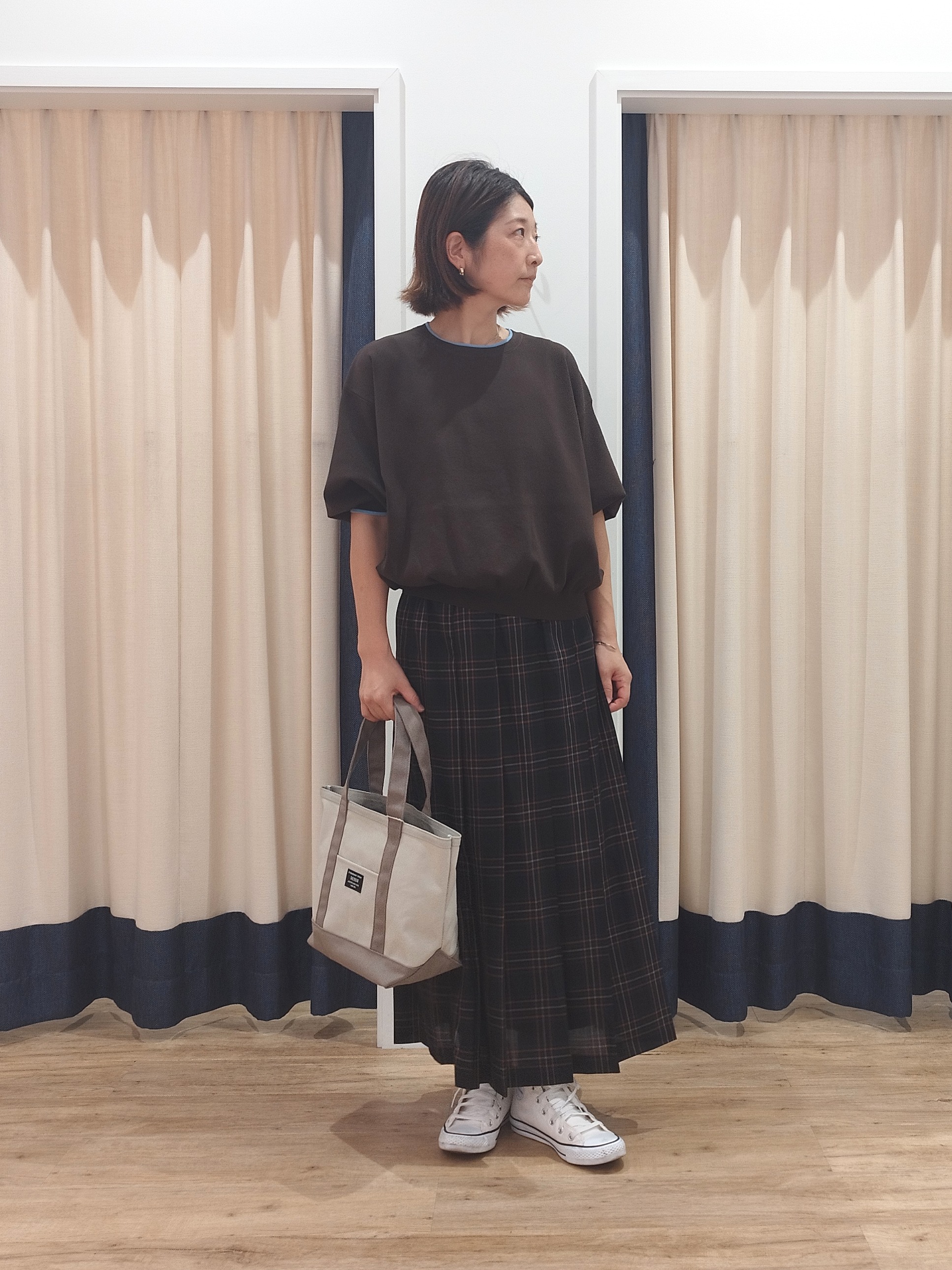 HIROさんの「Dessin｜【UVカット/マシンウォッシャブル】6分袖配色ニット」を使ったコーディネート