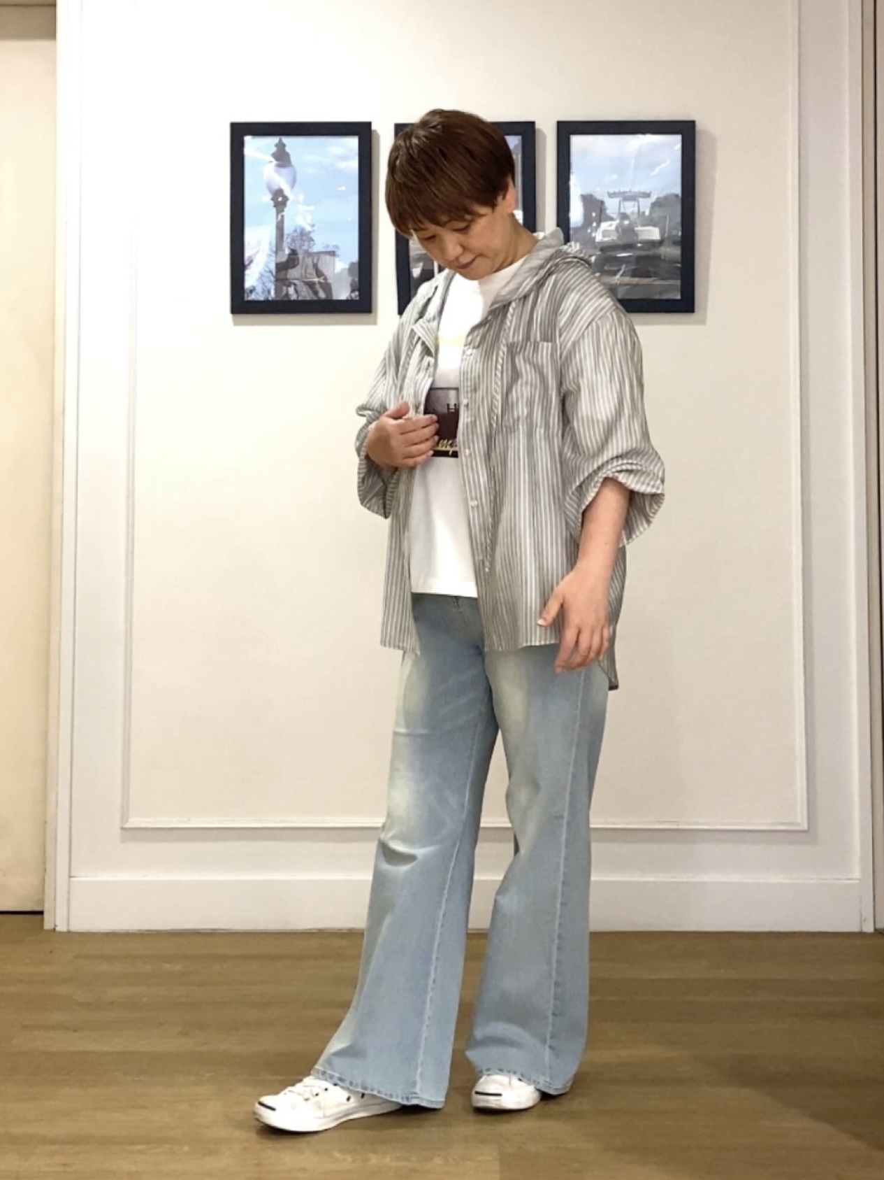 Hiroさんの「Dessin｜ストライプシアーフードシャツ」を使ったコーディネート