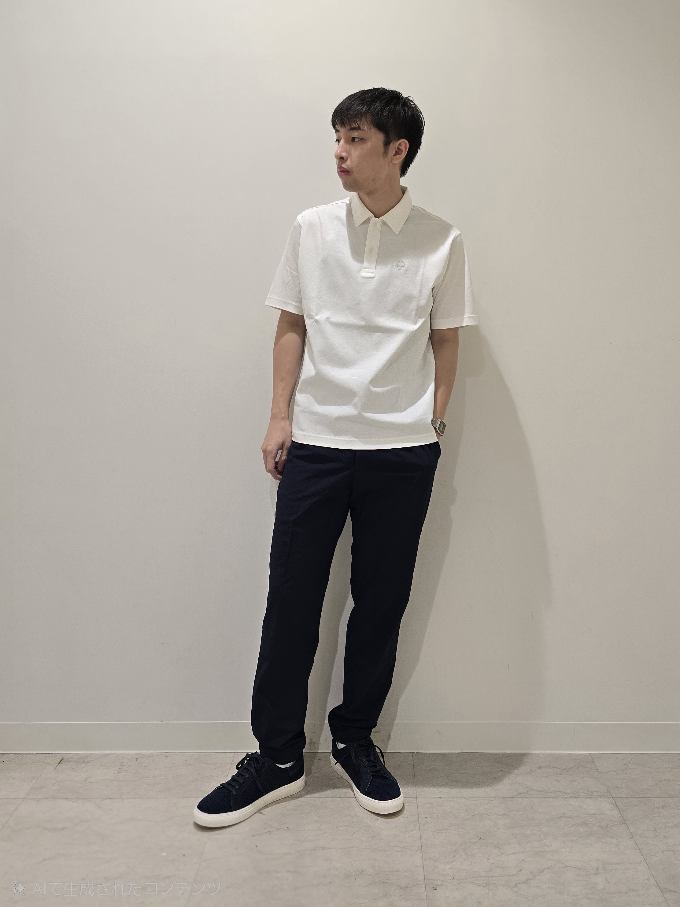 白木駆さんの「TAKEO KIKUCHI｜【接触冷感】アイスクリアコットン ワンポイント ポロシャツ」を使ったコーディネート