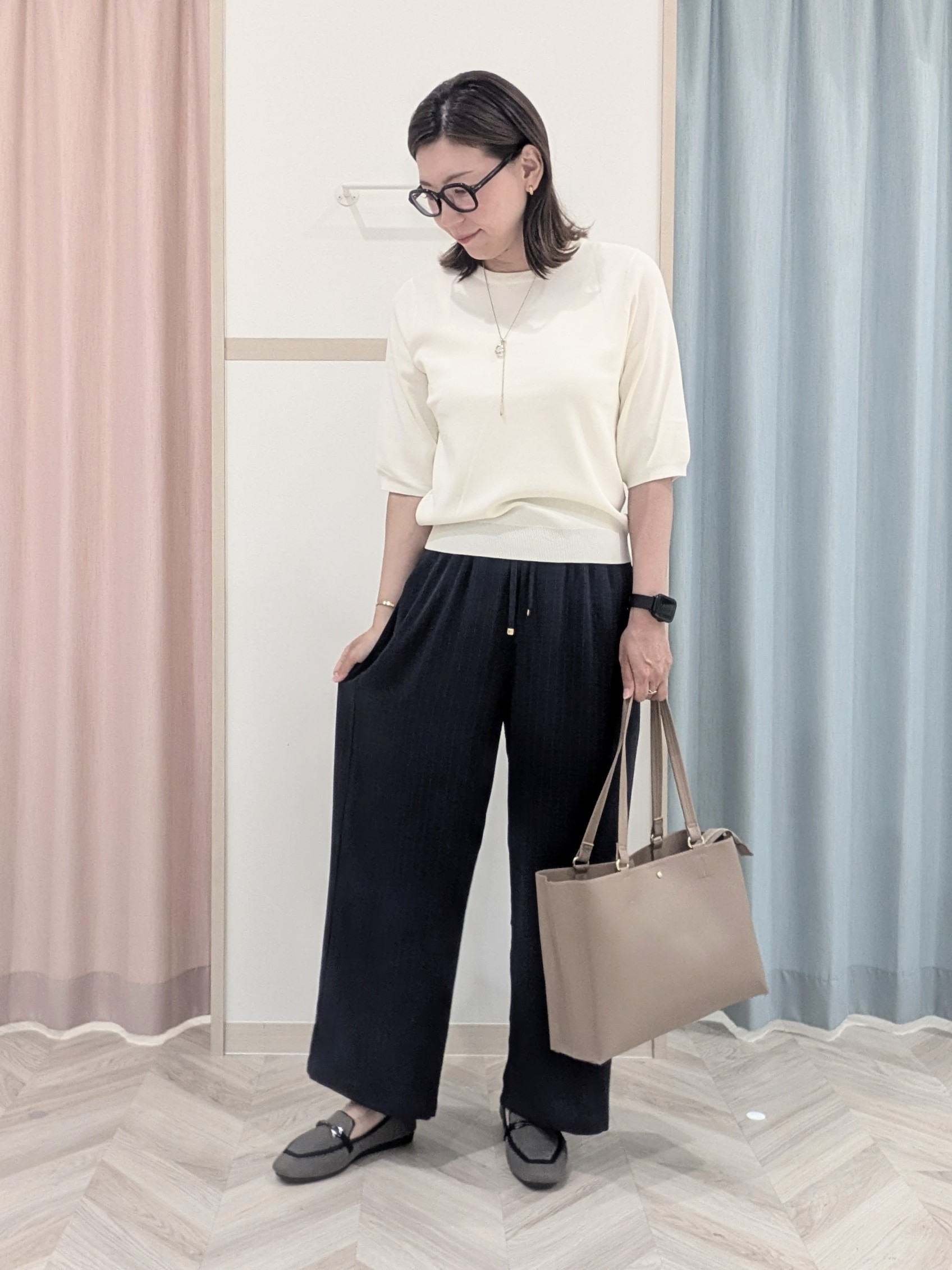 miyuさんの「SHOO･LA･RUE｜【ガンガン洗える/ひんやり/UV/毛玉になりにくい】二の腕見せない 5分袖ニット」を使ったコーディネート