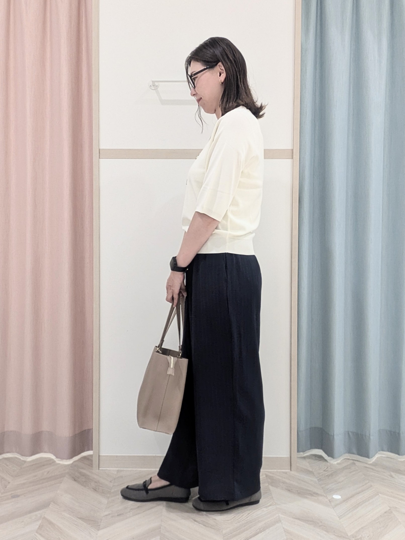 miyuさんの「SHOO･LA･RUE｜【ガンガン洗える/ひんやり/UV/毛玉になりにくい】二の腕見せない 5分袖ニット」を使ったコーディネート