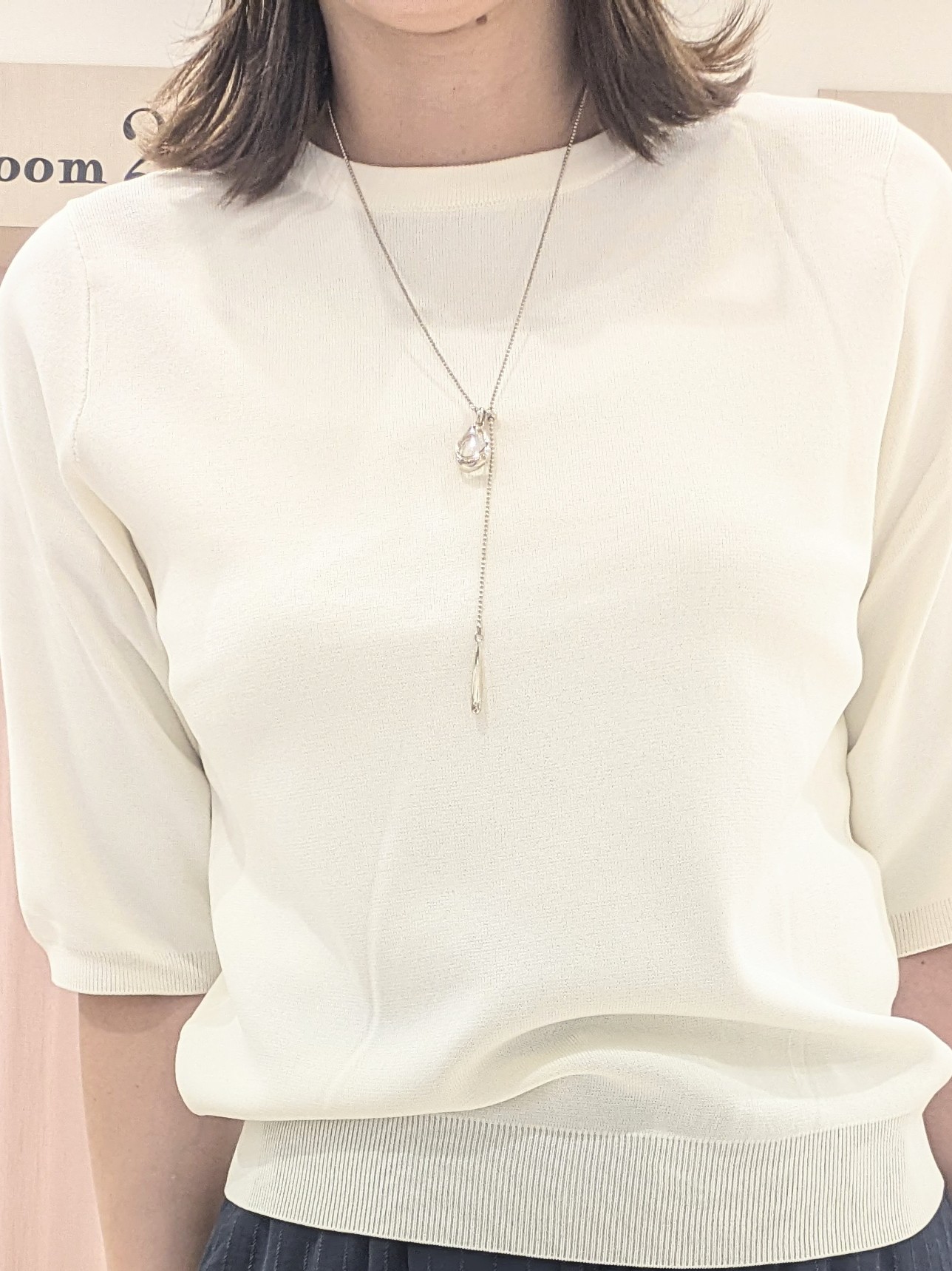 miyuさんの「SHOO･LA･RUE｜【ガンガン洗える/ひんやり/UV/毛玉になりにくい】二の腕見せない 5分袖ニット」を使ったコーディネート