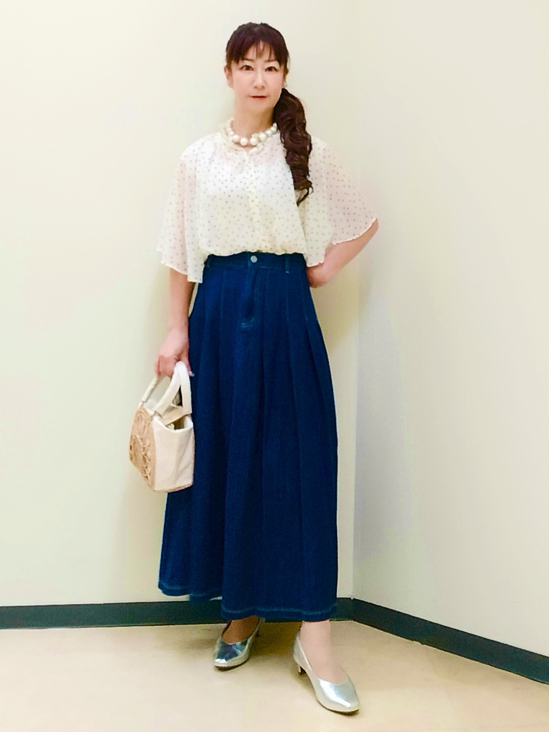 花さんの「Reflect｜【セットアップ／手洗い可】ドット柄シアーブラウス」を使ったコーディネート