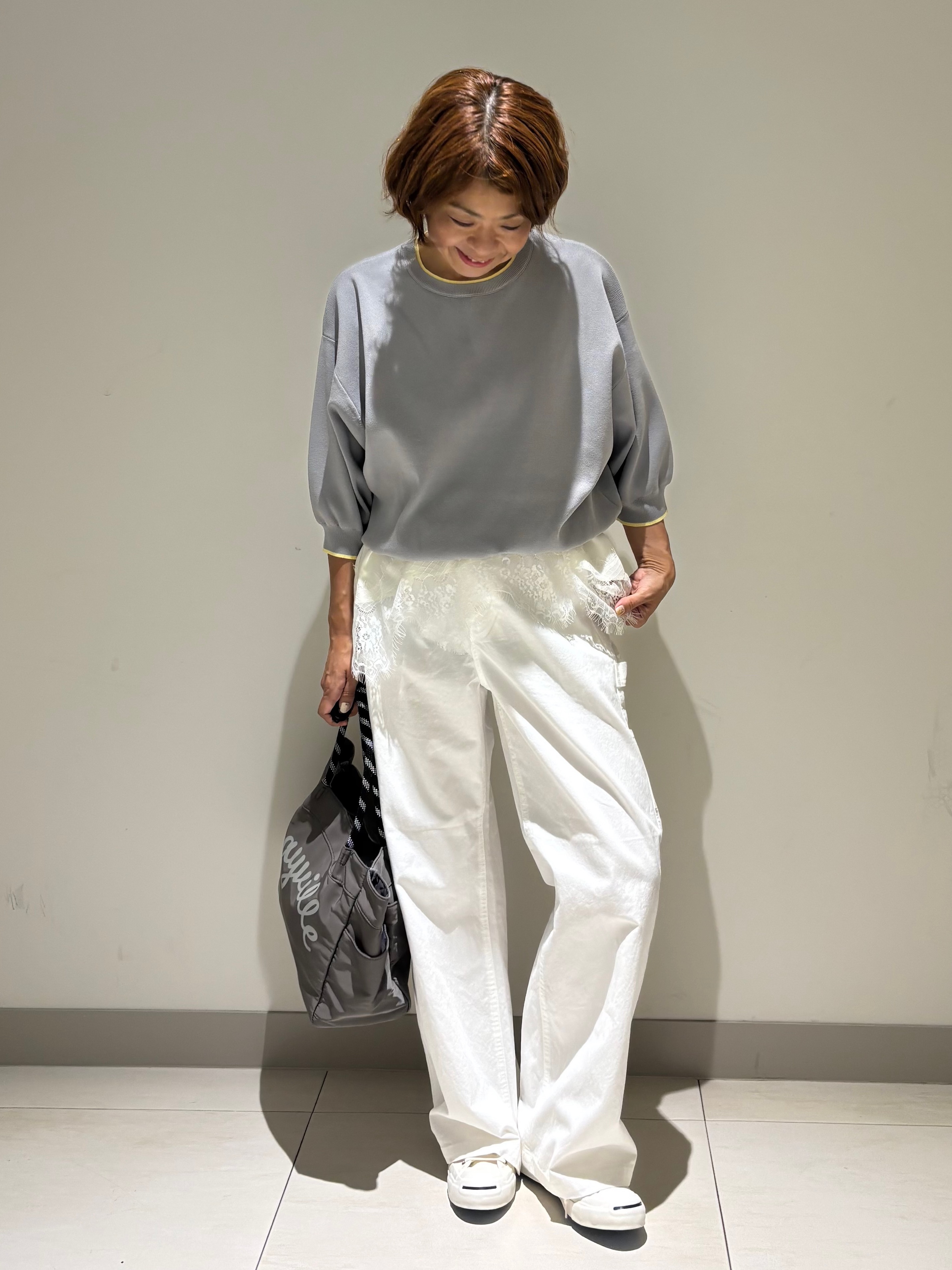 Haruさんの「Dessin｜【UVカット/マシンウォッシャブル】6分袖配色ニット」を使ったコーディネート