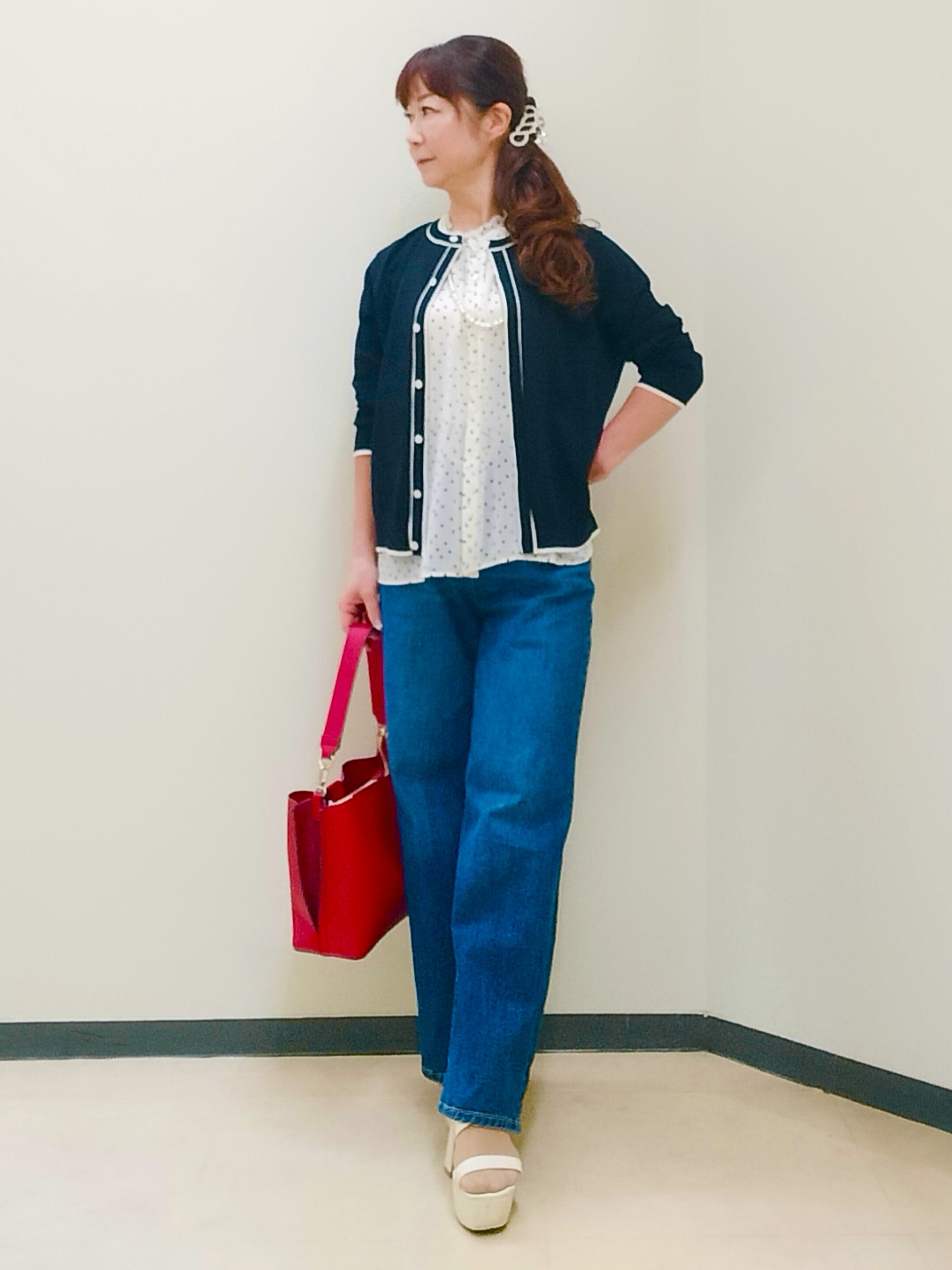花さんの「Reflect｜【セットアップ／手洗い可】ドット柄シアーブラウス」を使ったコーディネート