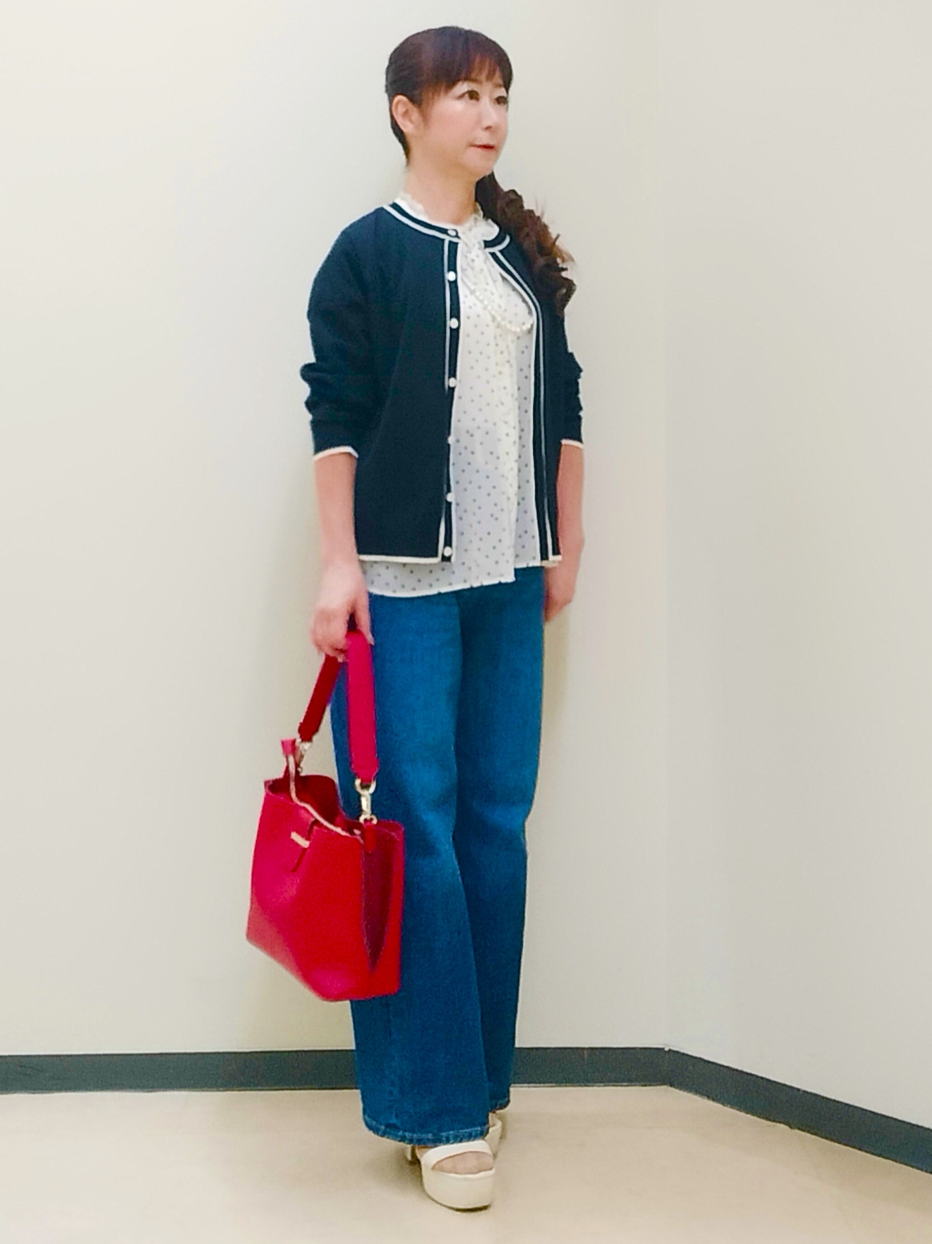 花さんの「Reflect｜【セットアップ／手洗い可】ドット柄シアーブラウス」を使ったコーディネート