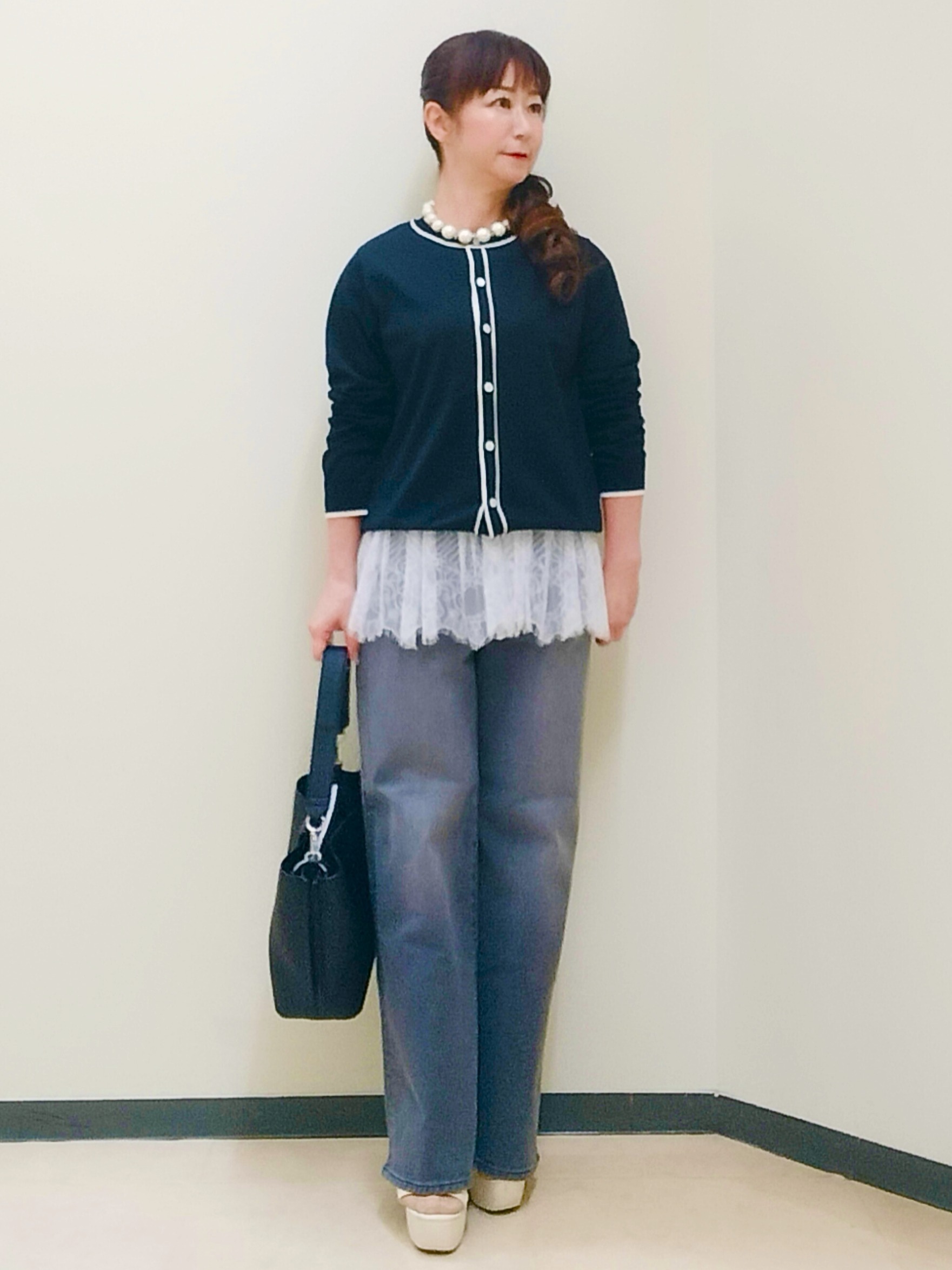 花さんの「Reflect｜【UVカット／アンサンブル／手洗い可】バイカラーニットカーディガン」を使ったコーディネート