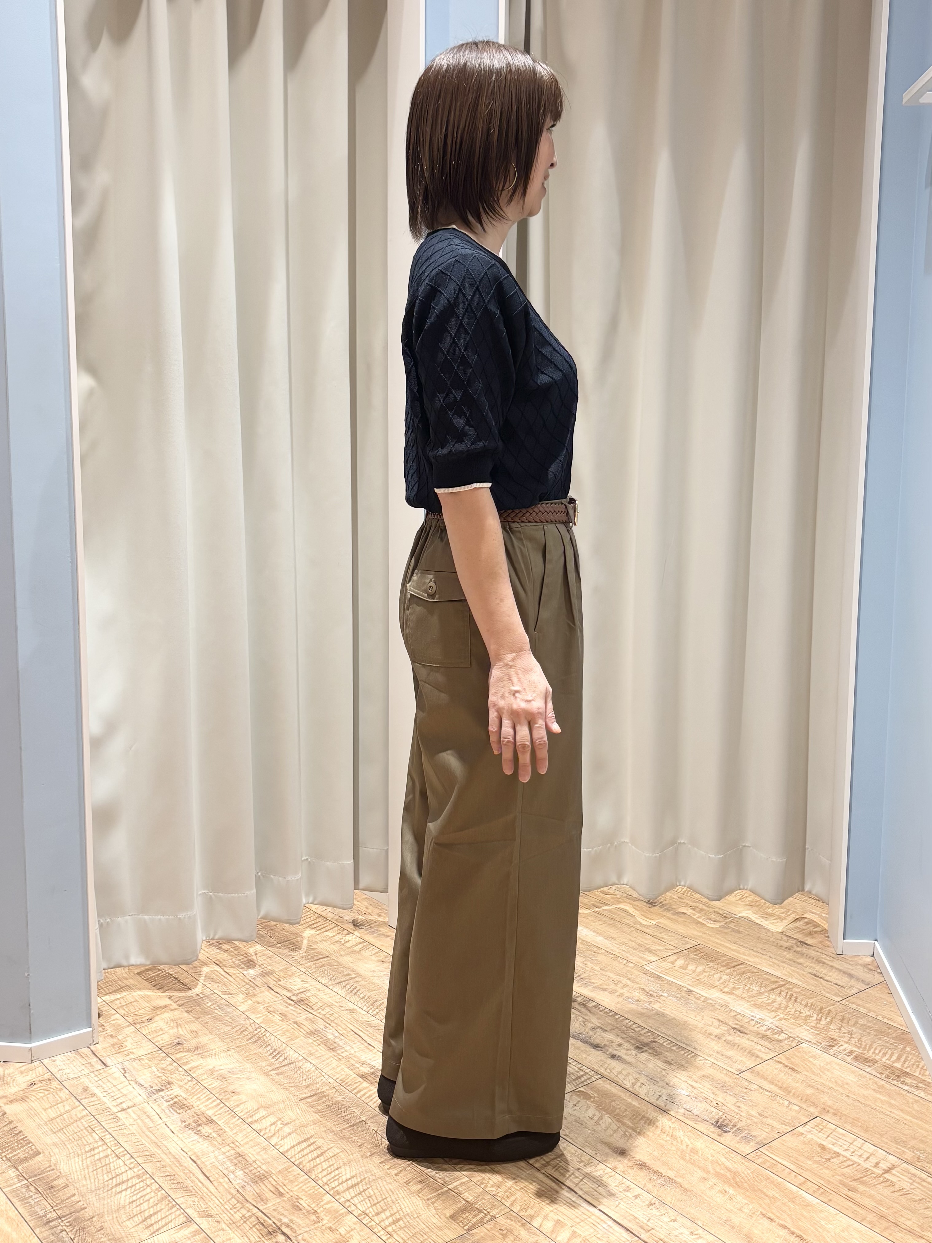 rieさんの「SHOO･LA･RUE｜【毛玉になりにくい/S-LL/洗濯機可】ダイヤ柄が上品 二の腕隠せる5分袖ニット」を使ったコーディネート
