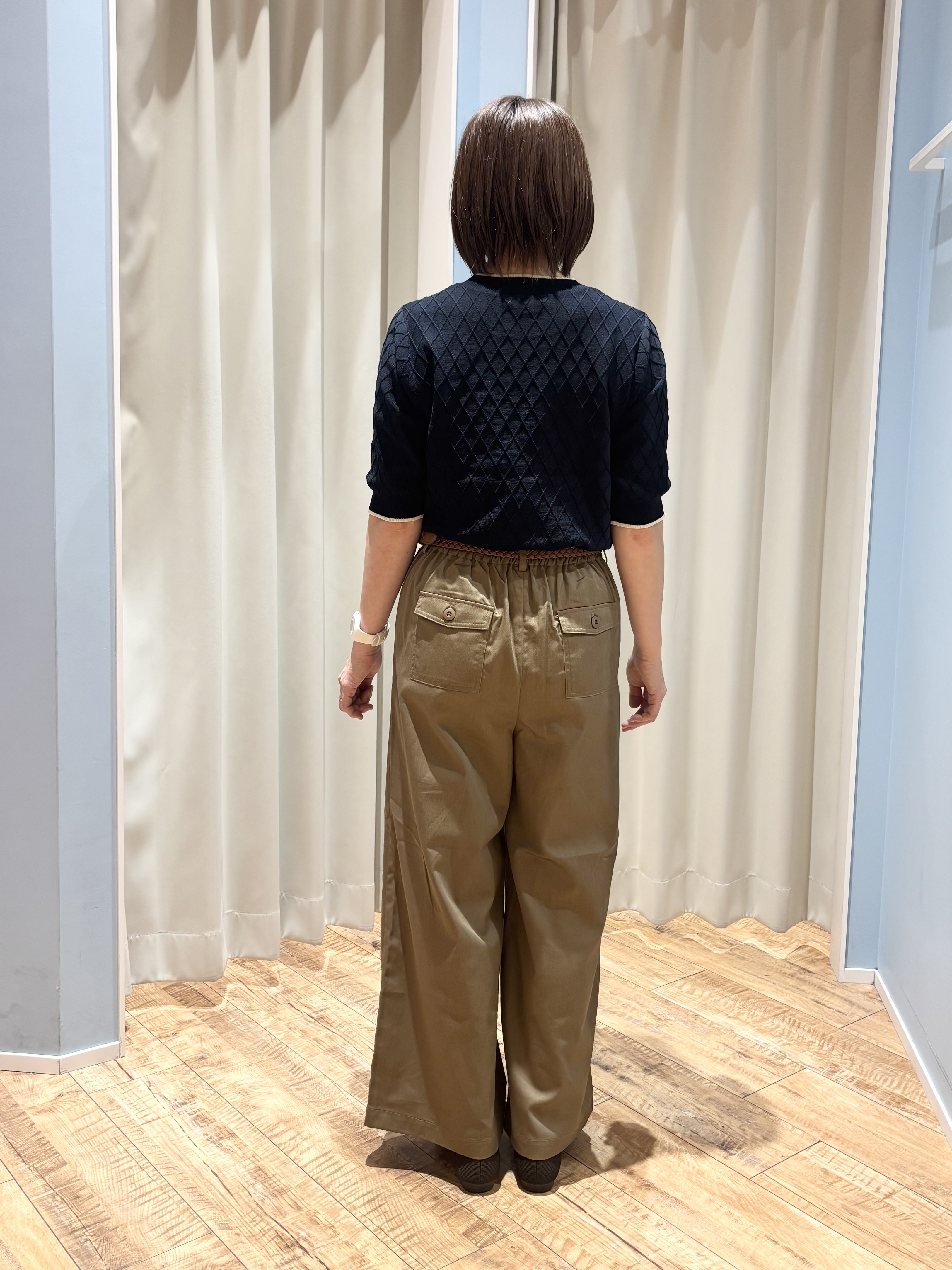 rieさんの「SHOO･LA･RUE｜【毛玉になりにくい/S-LL/洗濯機可】ダイヤ柄が上品 二の腕隠せる5分袖ニット」を使ったコーディネート