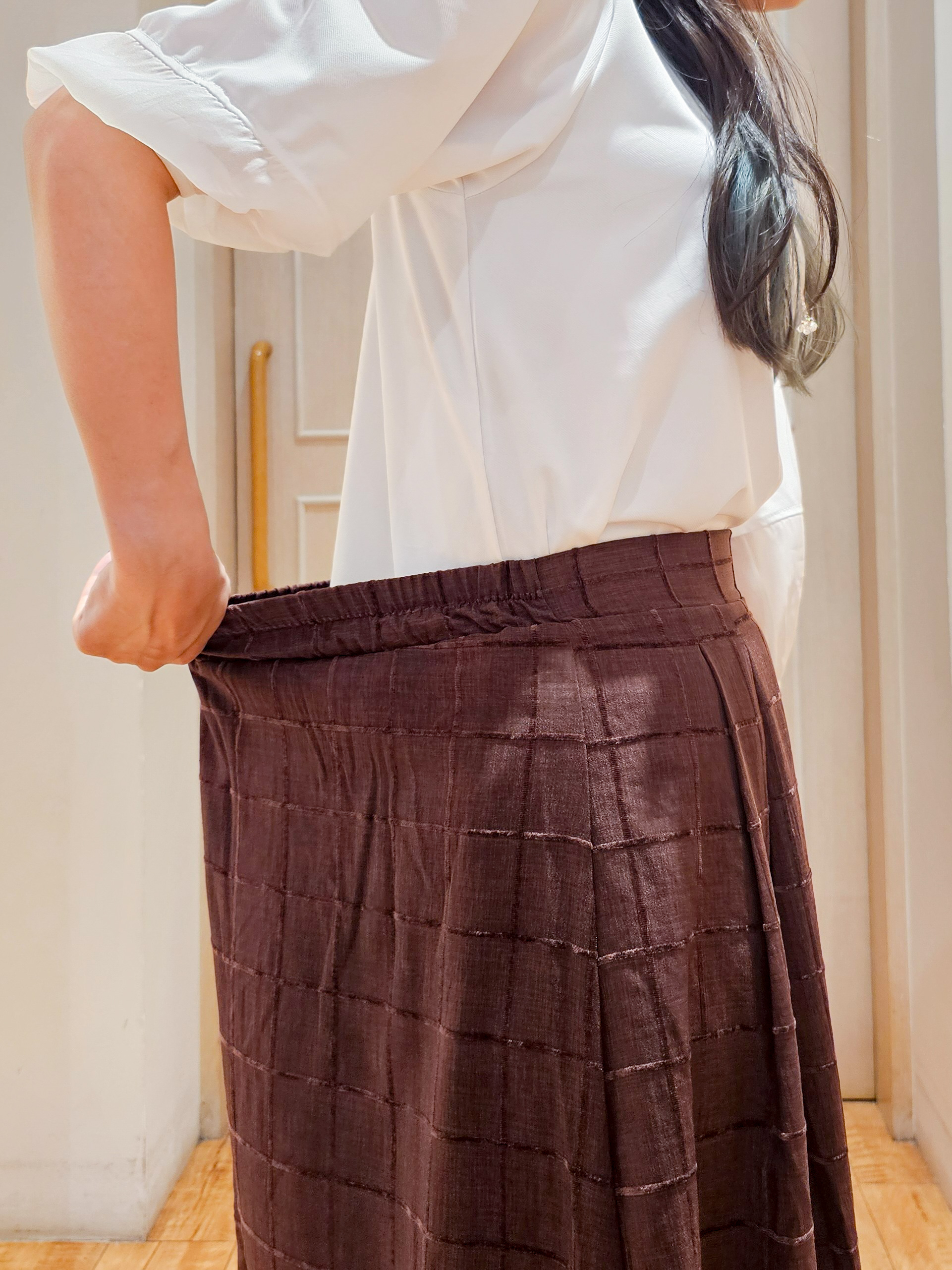 ゆゆさんの「SHOO･LA･RUE｜【洗濯機可/S-LL】ほんのり透ける 大人のお袖シアー切り替え　ラウンドネックプルオーバー」を使ったコーディネート