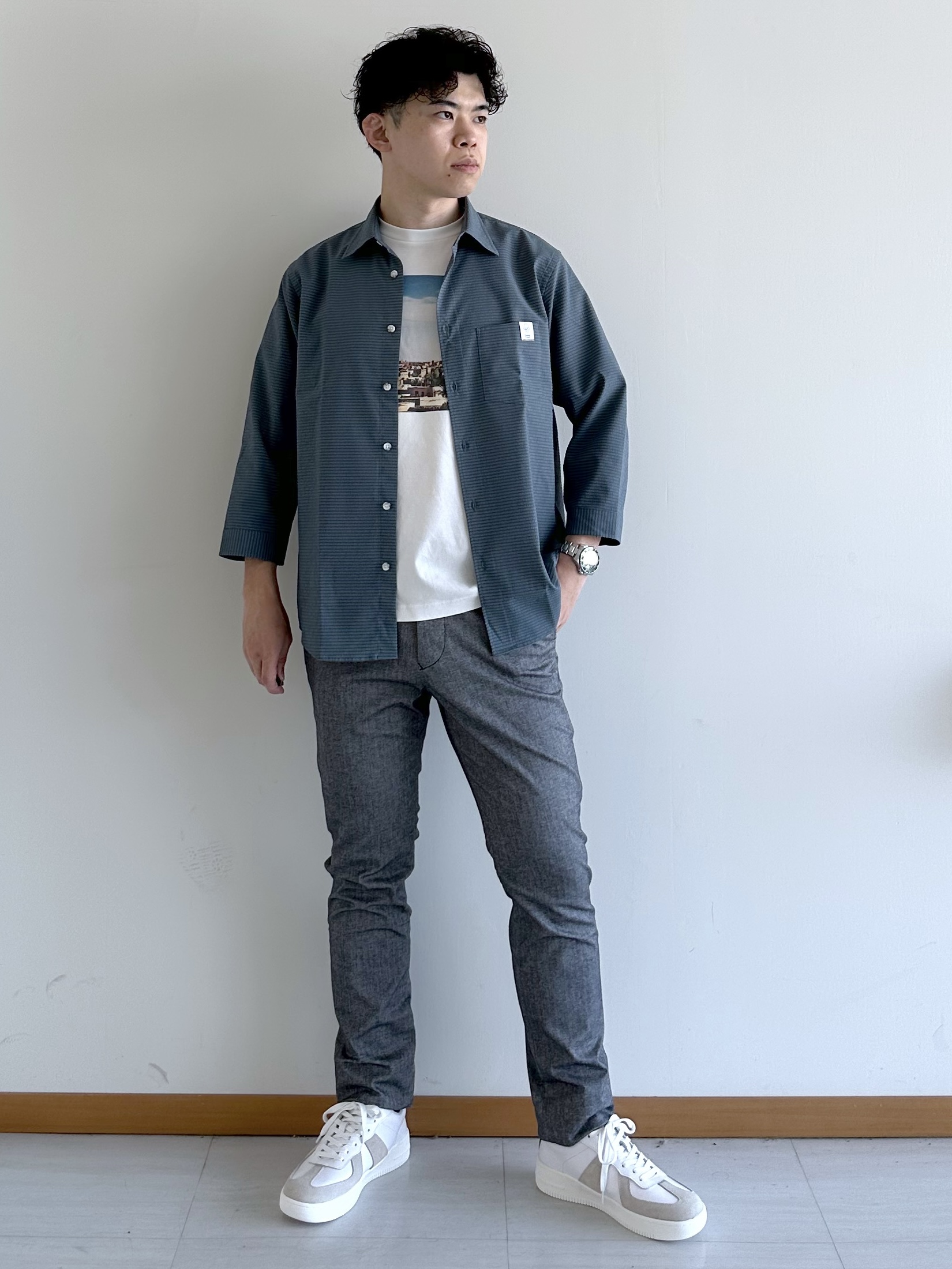イッシーさんの「TAKEO KIKUCHI｜【日本製】DotAir（R）サッカー7分袖シャツ」を使ったコーディネート