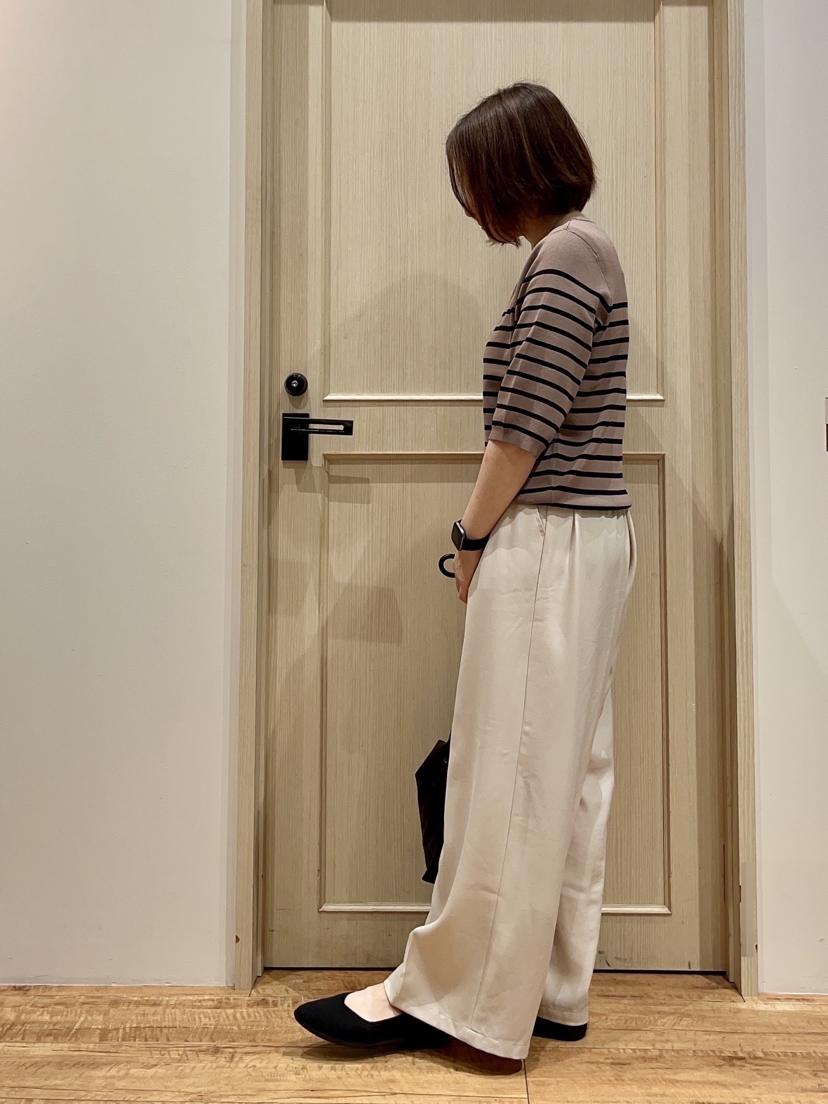 fukuiさんの「SHOO･LA･RUE｜【ガンガン洗える/ひんやり/UV/毛玉になりにくい】二の腕見せない 5分袖ニット」を使ったコーディネート