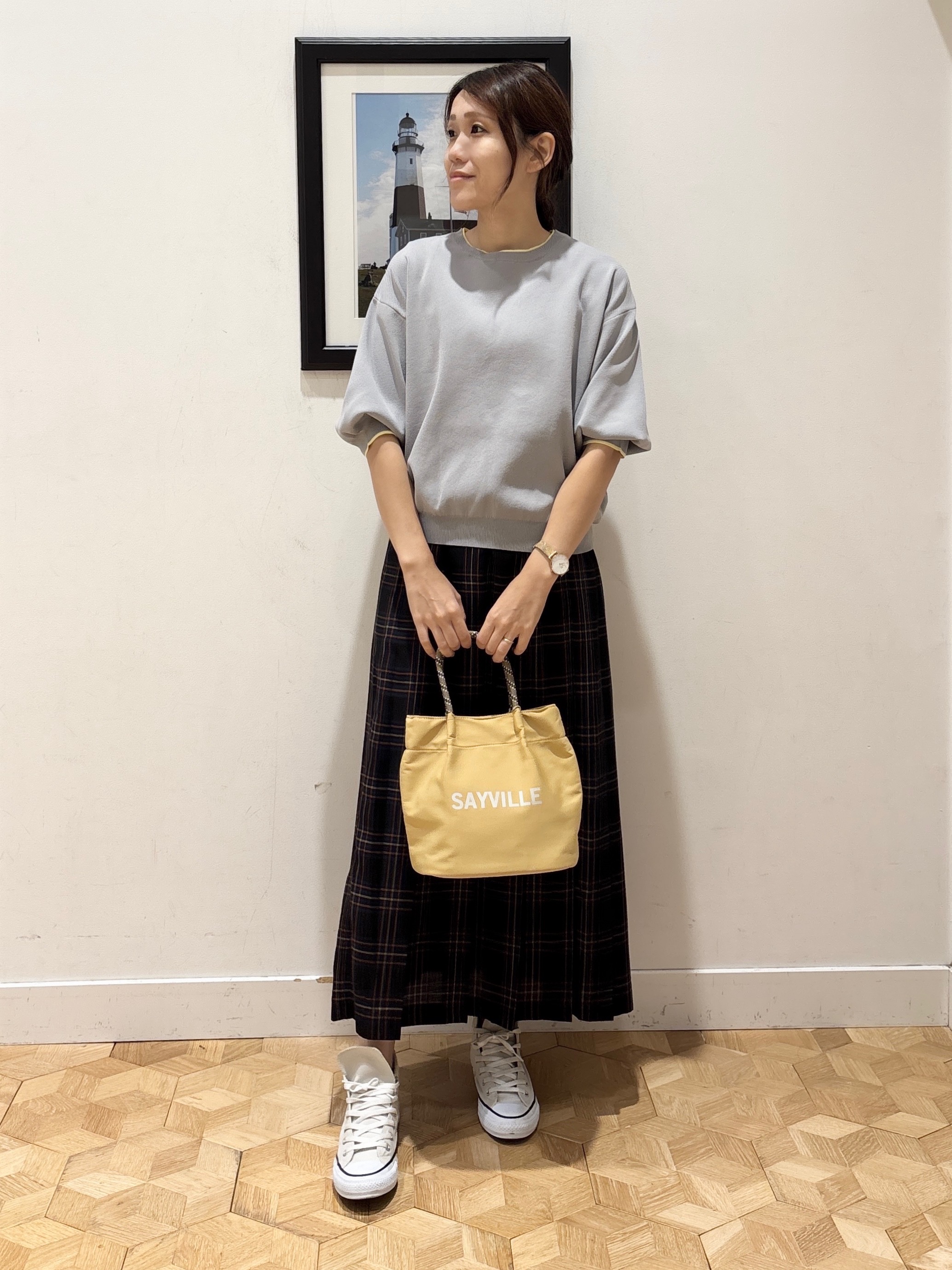 YUMIさんの「Dessin｜【UVカット/マシンウォッシャブル】6分袖配色ニット」を使ったコーディネート