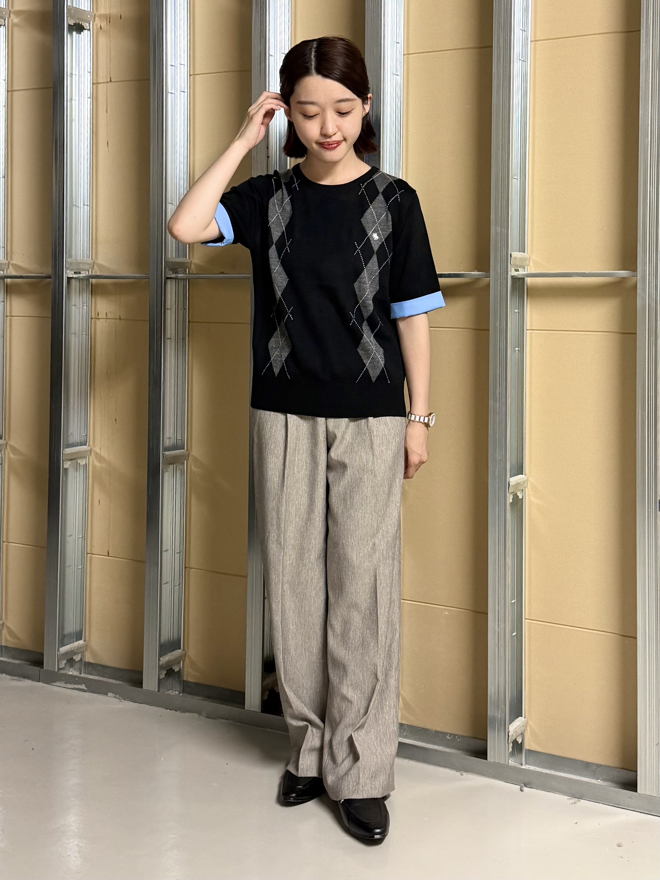 sahoさんの「THE SHOP TK｜POLO BCS/アーガイル5分袖ニット」を使ったコーディネート