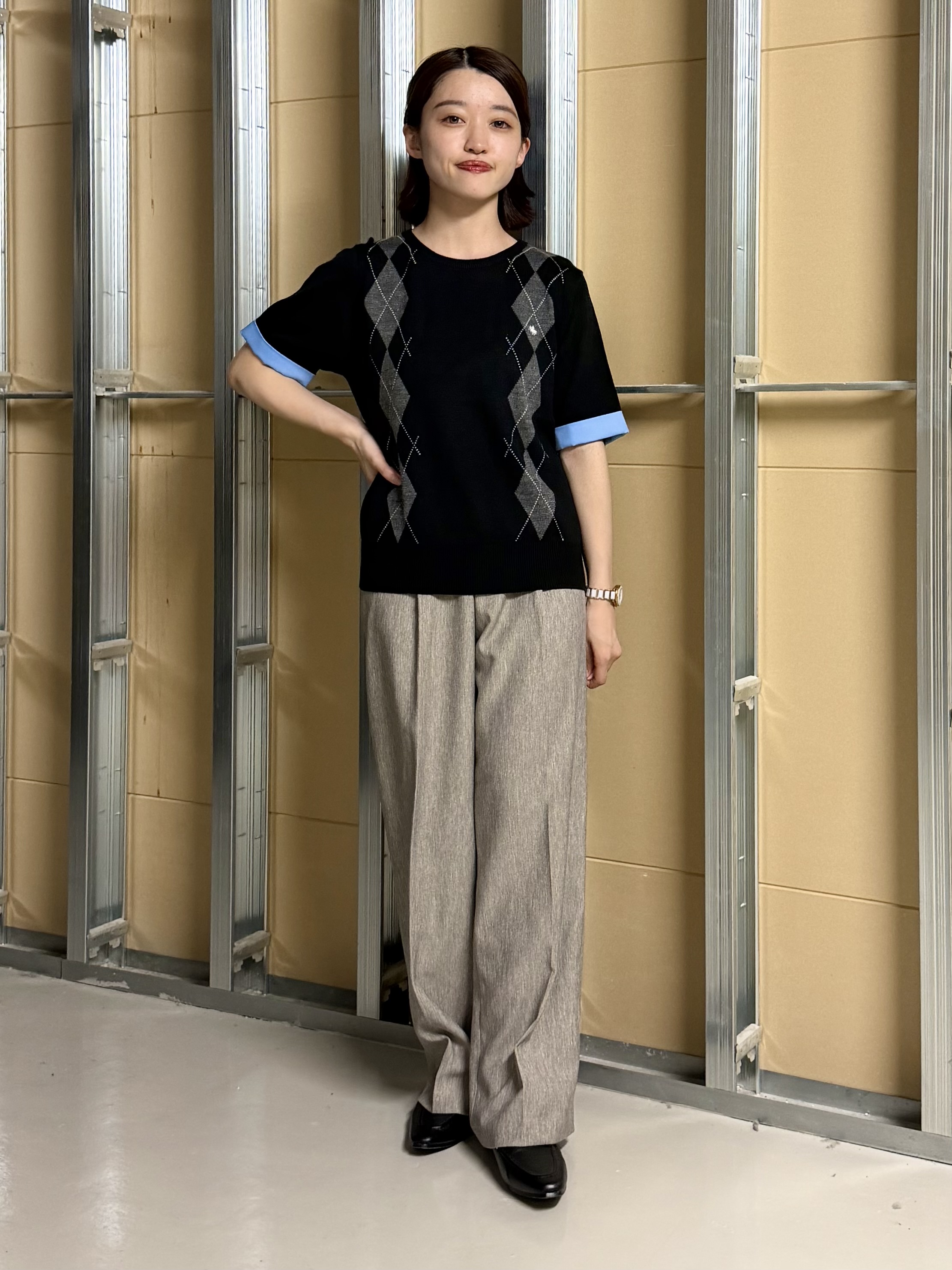 sahoさんの「THE SHOP TK｜POLO BCS/アーガイル5分袖ニット」を使ったコーディネート