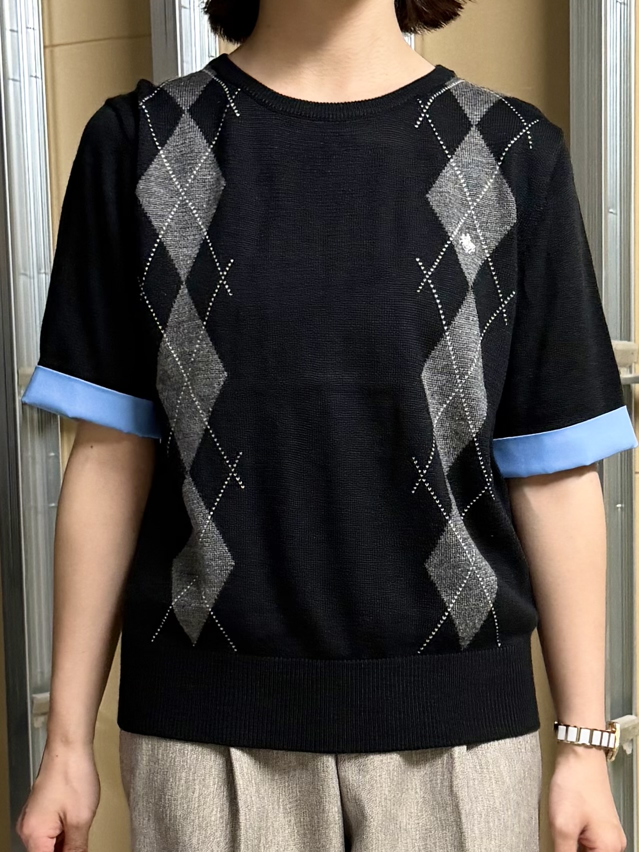 sahoさんの「THE SHOP TK｜POLO BCS/アーガイル5分袖ニット」を使ったコーディネート