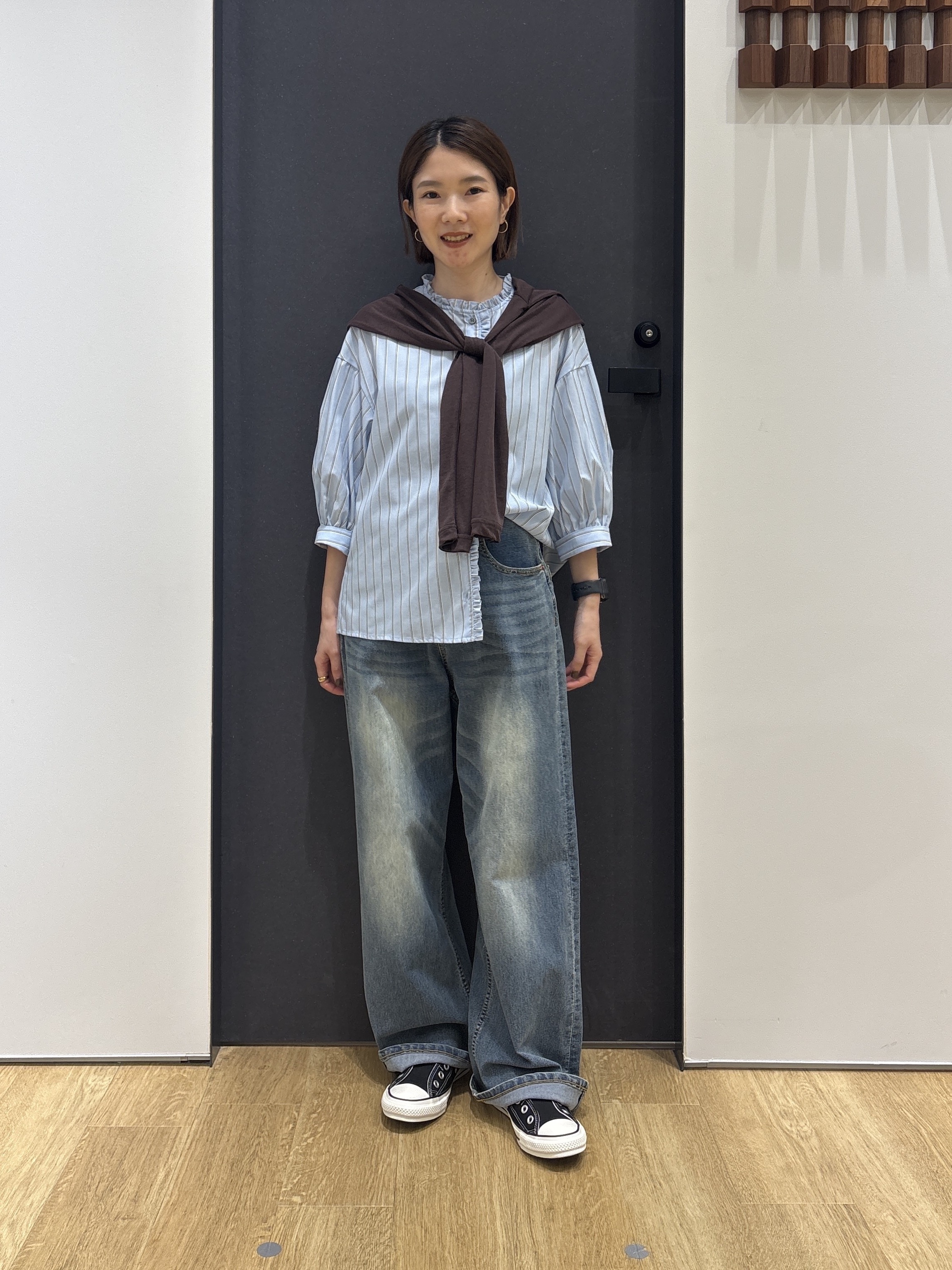 risaさんの「Dessin｜【UVカット】ストライプフリルブラウス6分袖」を使ったコーディネート