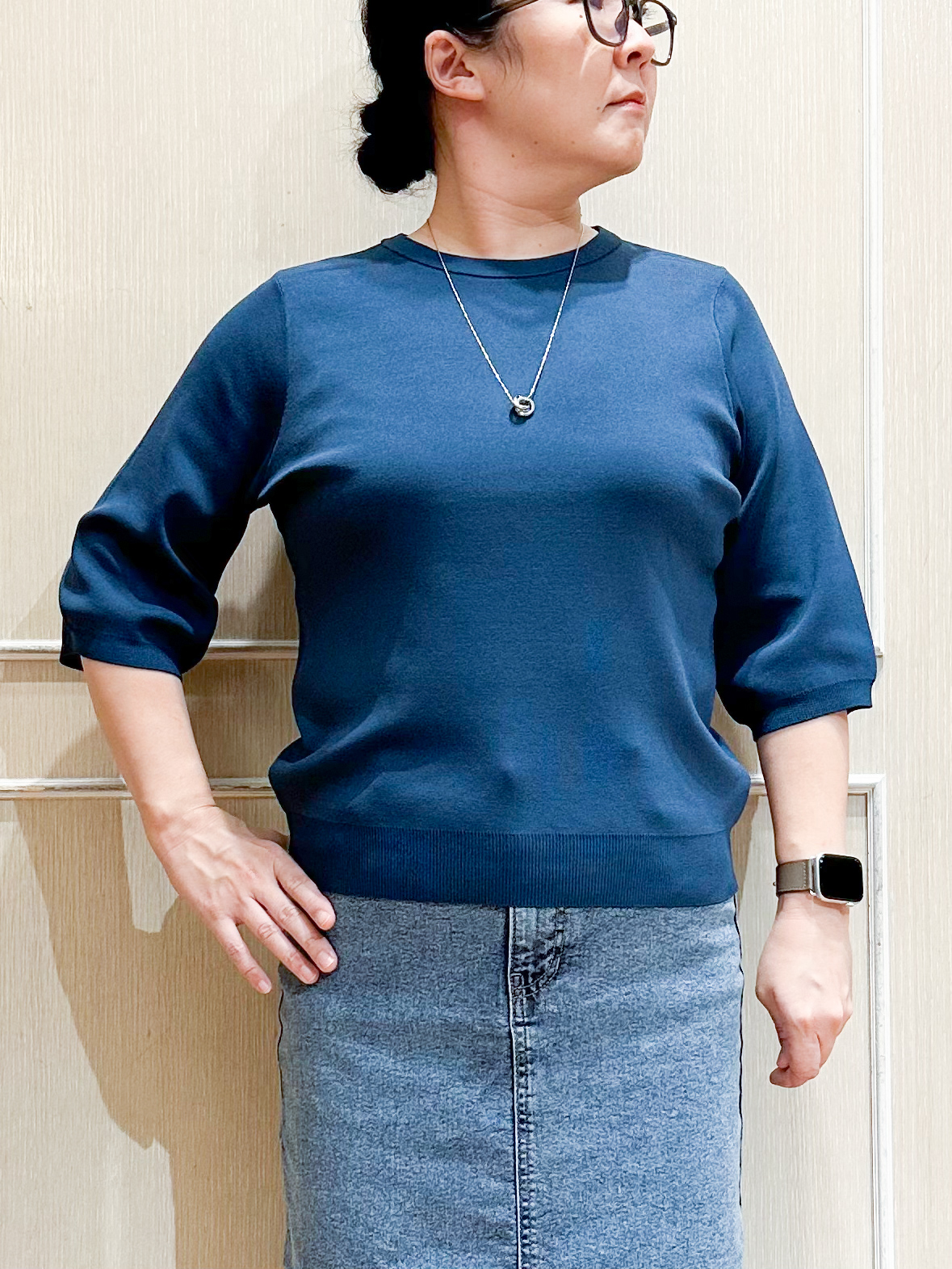 umeさんの「SHOO･LA･RUE｜【ガンガン洗える/ひんやり/UV/毛玉になりにくい】二の腕見せない 5分袖ニット」を使ったコーディネート
