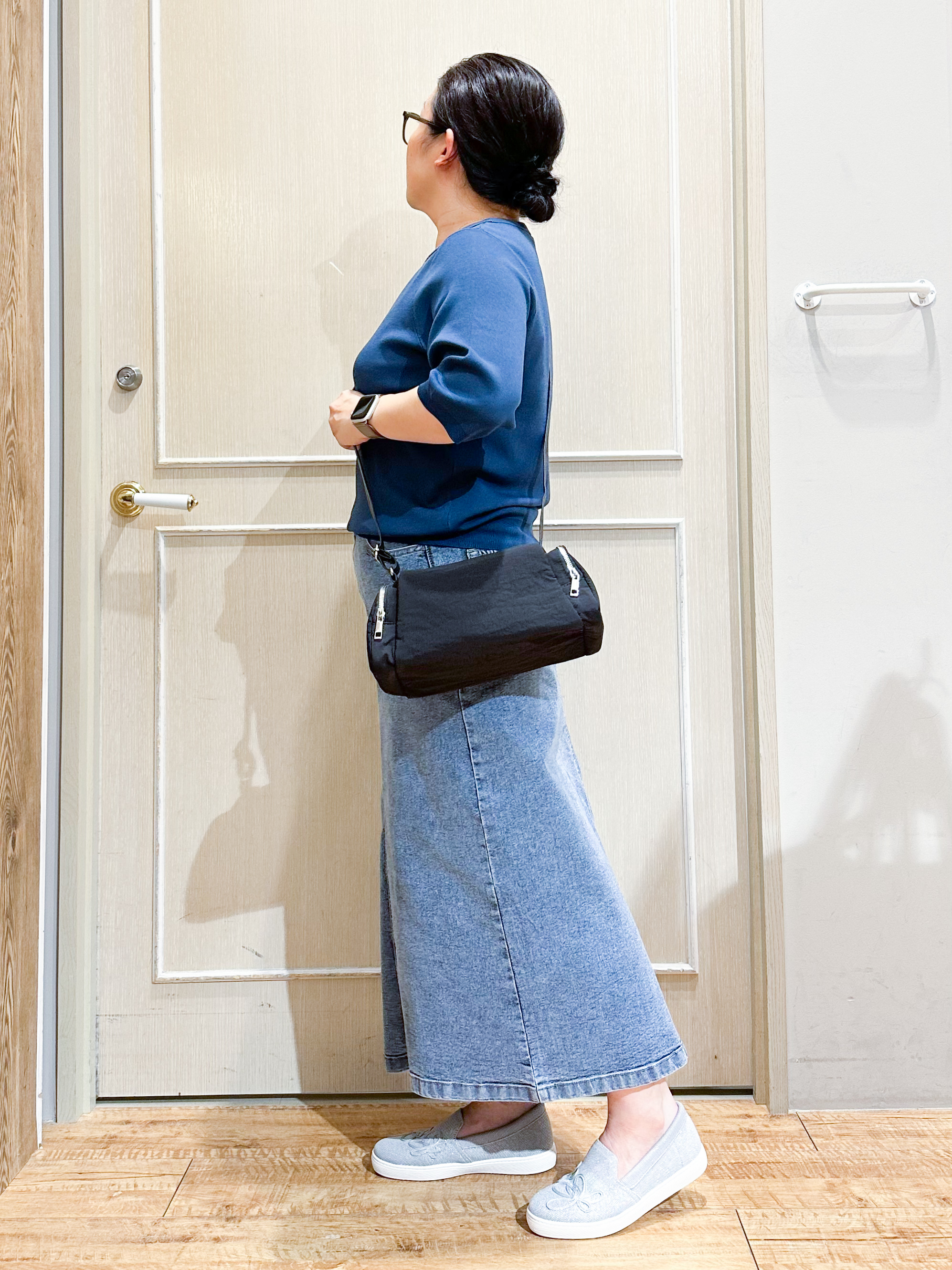 umeさんの「SHOO･LA･RUE｜【ガンガン洗える/ひんやり/UV/毛玉になりにくい】二の腕見せない 5分袖ニット」を使ったコーディネート