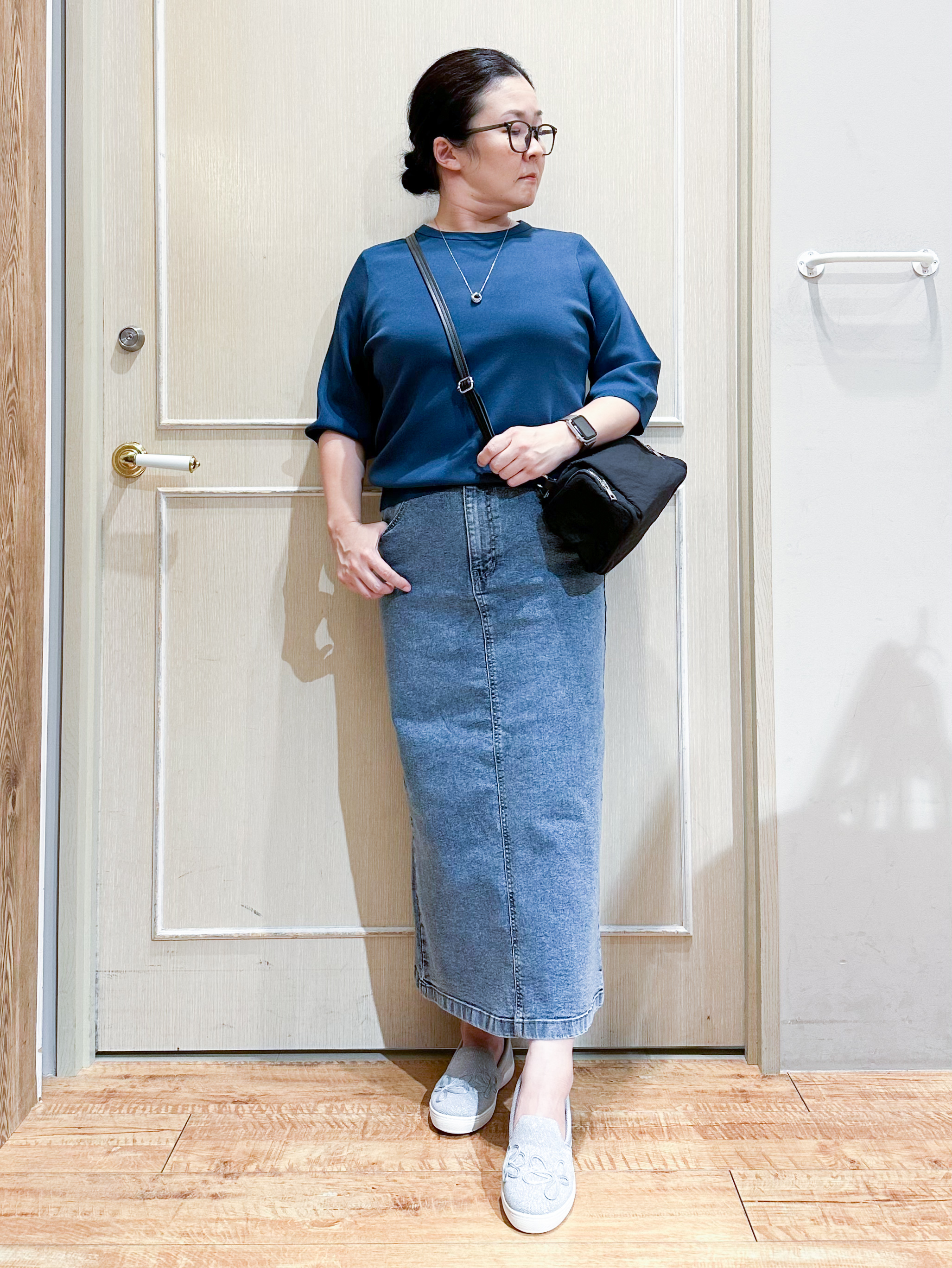 umeさんの「SHOO･LA･RUE｜【ガンガン洗える/ひんやり/UV/毛玉になりにくい】二の腕見せない 5分袖ニット」を使ったコーディネート