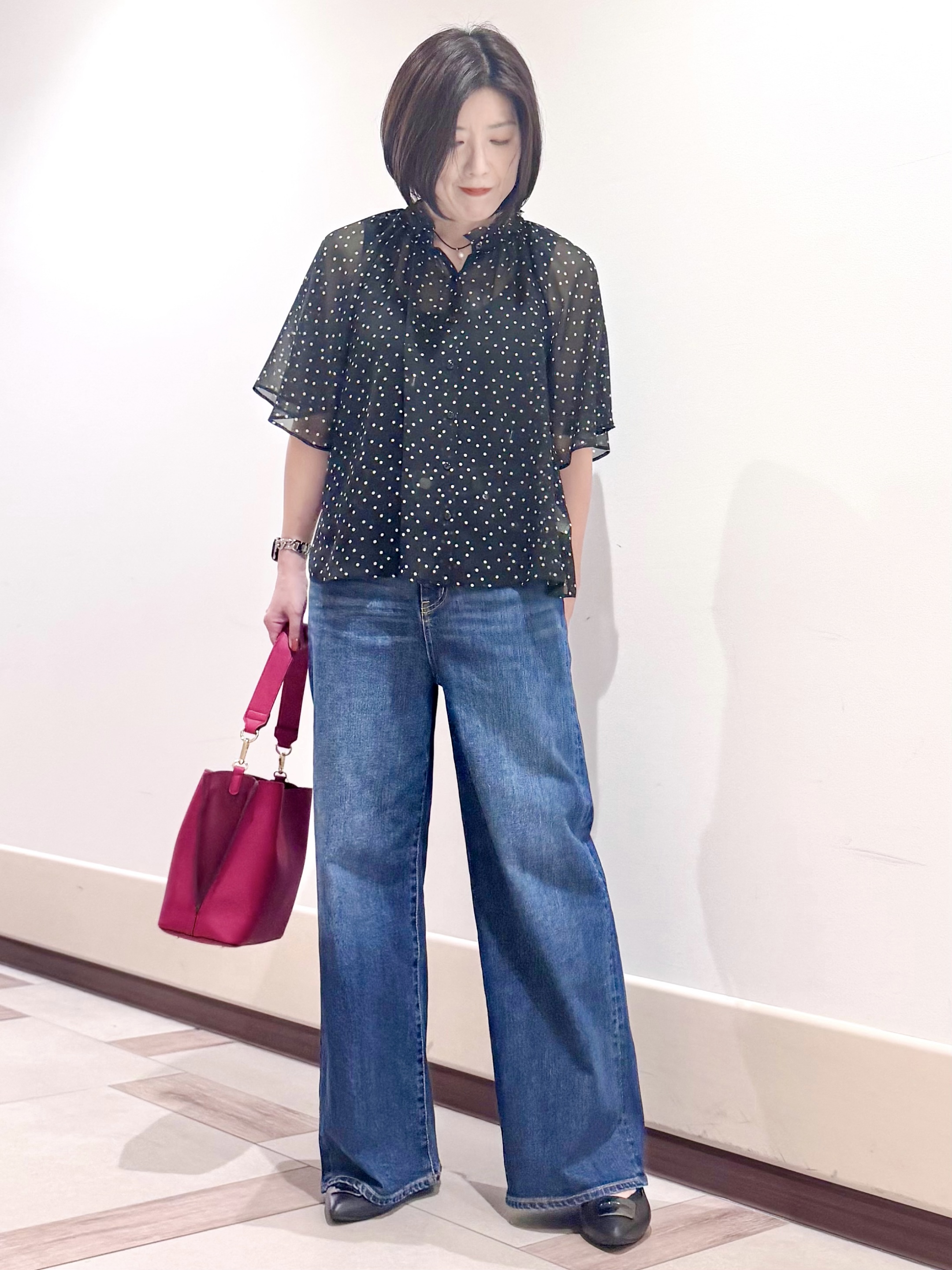 kaeさんの「Reflect｜【セットアップ／手洗い可】ドット柄シアーブラウス」を使ったコーディネート