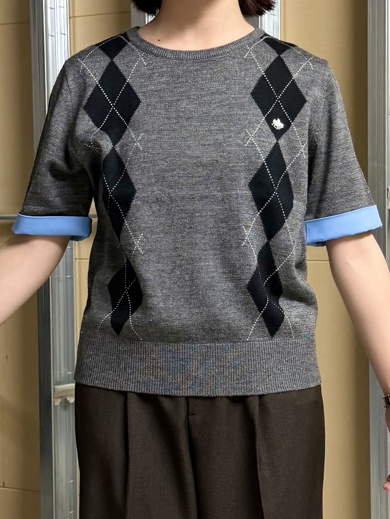 sahoさんの「THE SHOP TK｜POLO BCS/アーガイル5分袖ニット」を使ったコーディネート