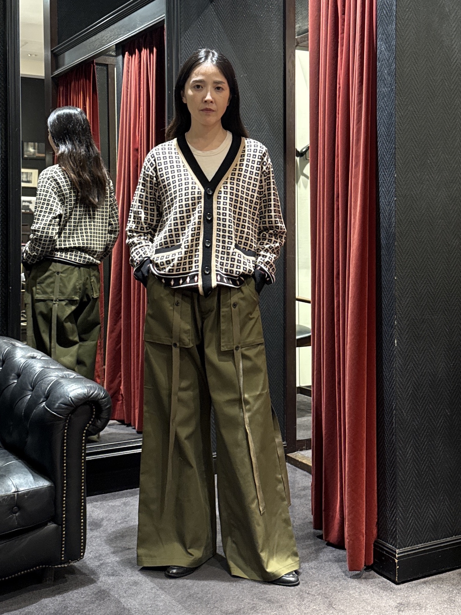 神野（jinno）さんの「TAKEO KIKUCHI｜【BOWLER HAT LABEL】ジオメトリック柄カーディガン」を使ったコーディネート
