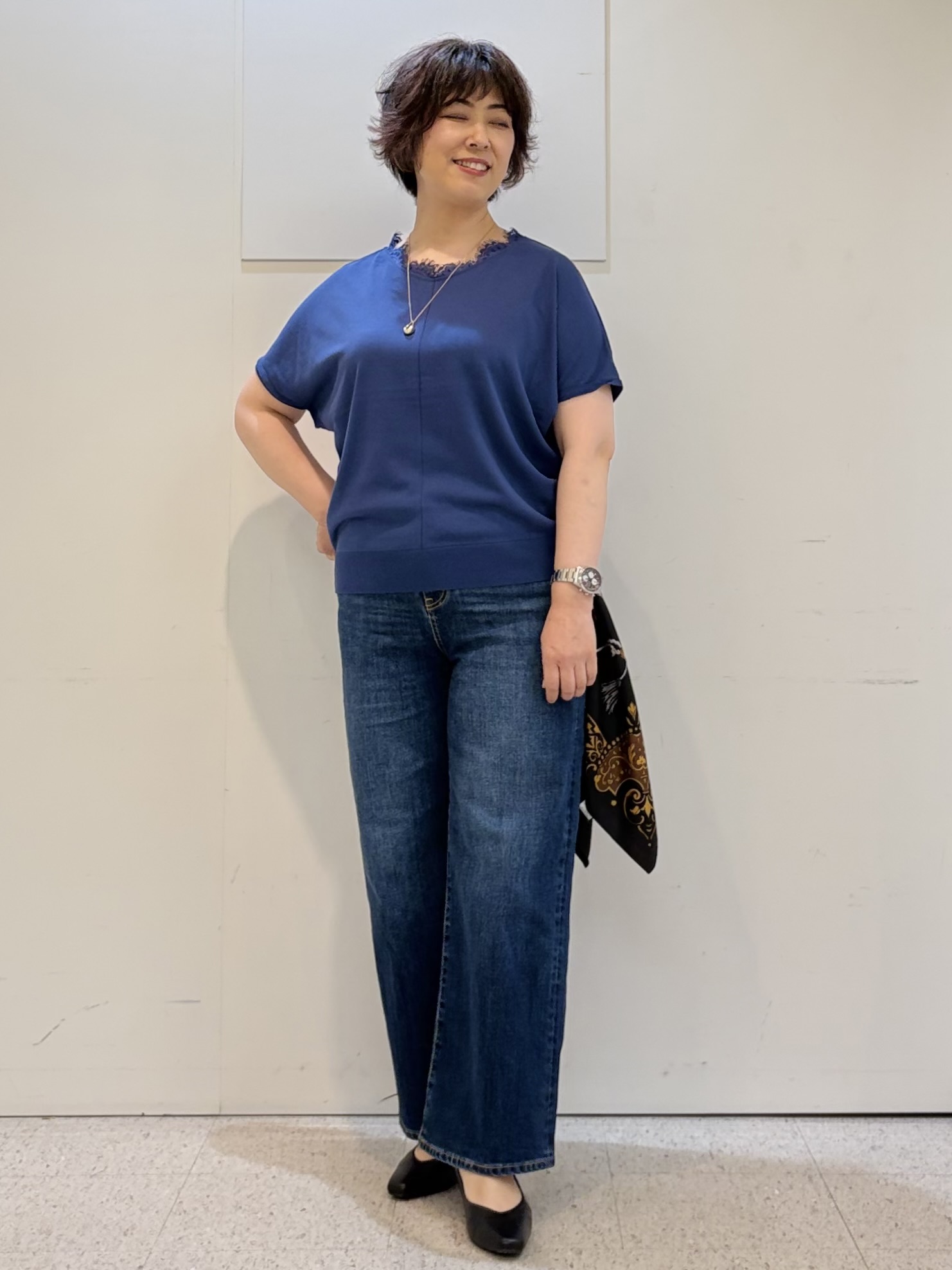 ヤスコさんの「Reflect｜【二の腕カバー／手洗い可】ネックレース フレンチスリーブニット」を使ったコーディネート