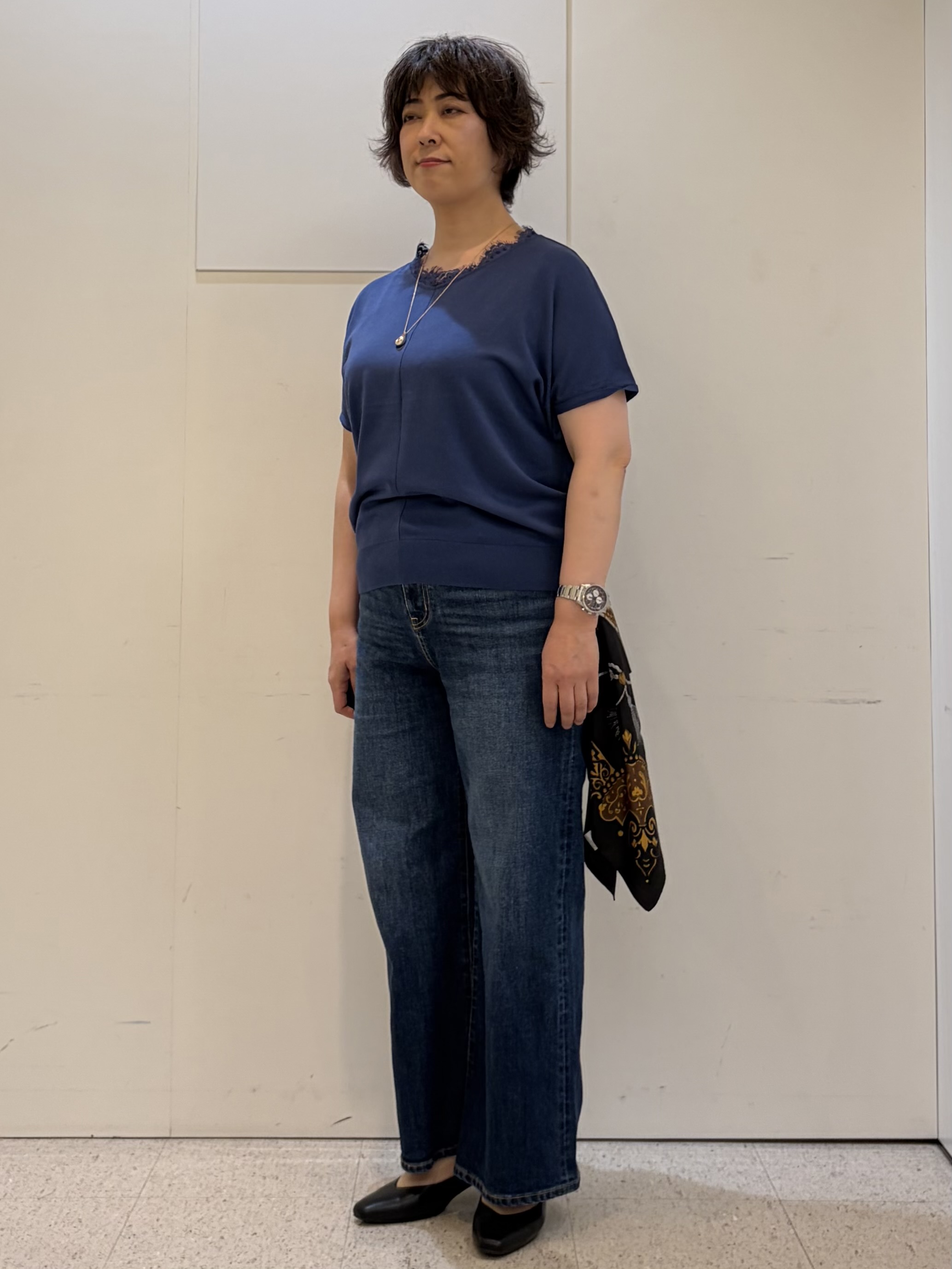 ヤスコさんの「Reflect｜【二の腕カバー／手洗い可】ネックレース フレンチスリーブニット」を使ったコーディネート