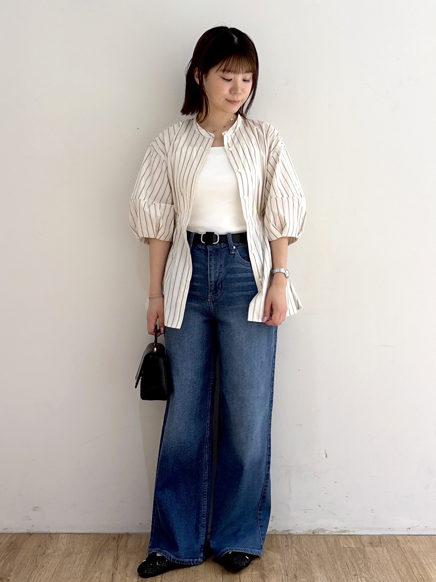 mireiさんの「OPAQUE.CLIP｜ストライプ ペプラムブラウス【洗濯機OK】」を使ったコーディネート