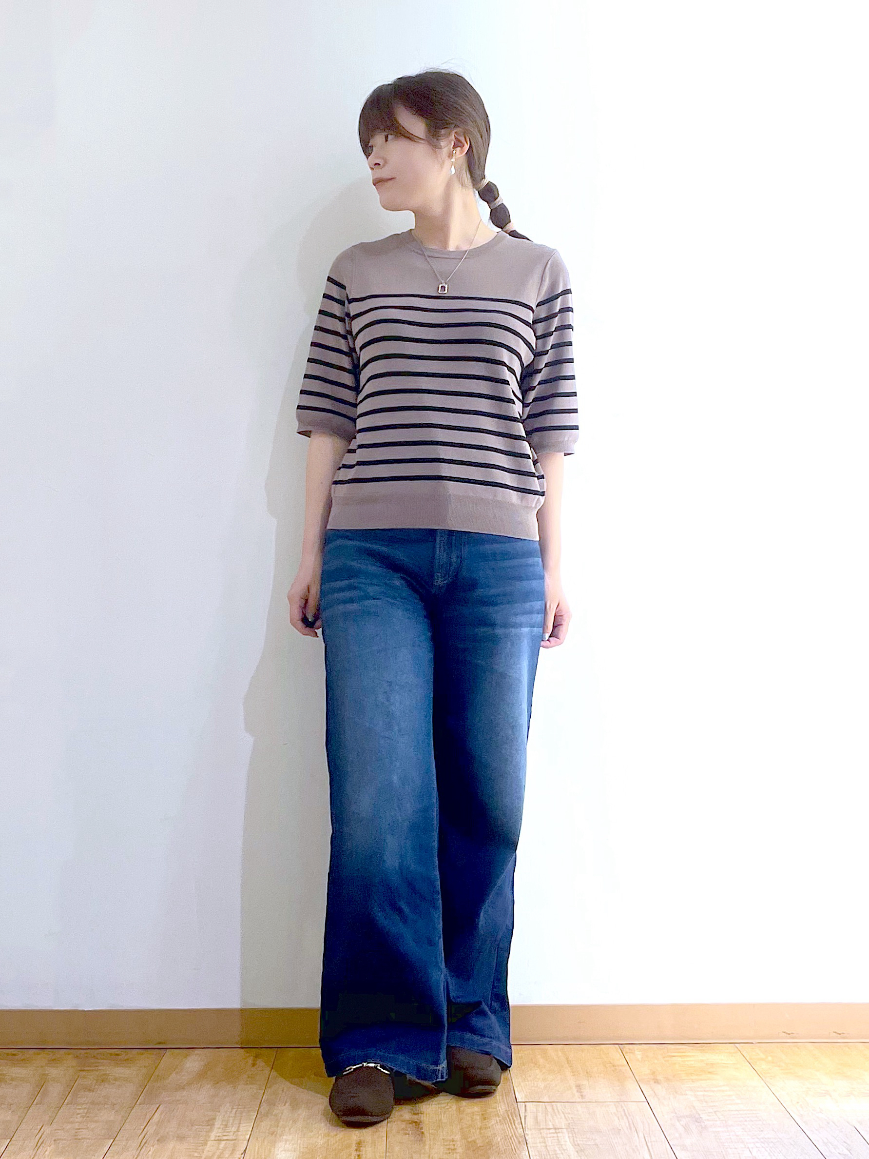 かのさんの「SHOO･LA･RUE｜【ガンガン洗える/ひんやり/UV/毛玉になりにくい】二の腕見せない 5分袖ニット」を使ったコーディネート