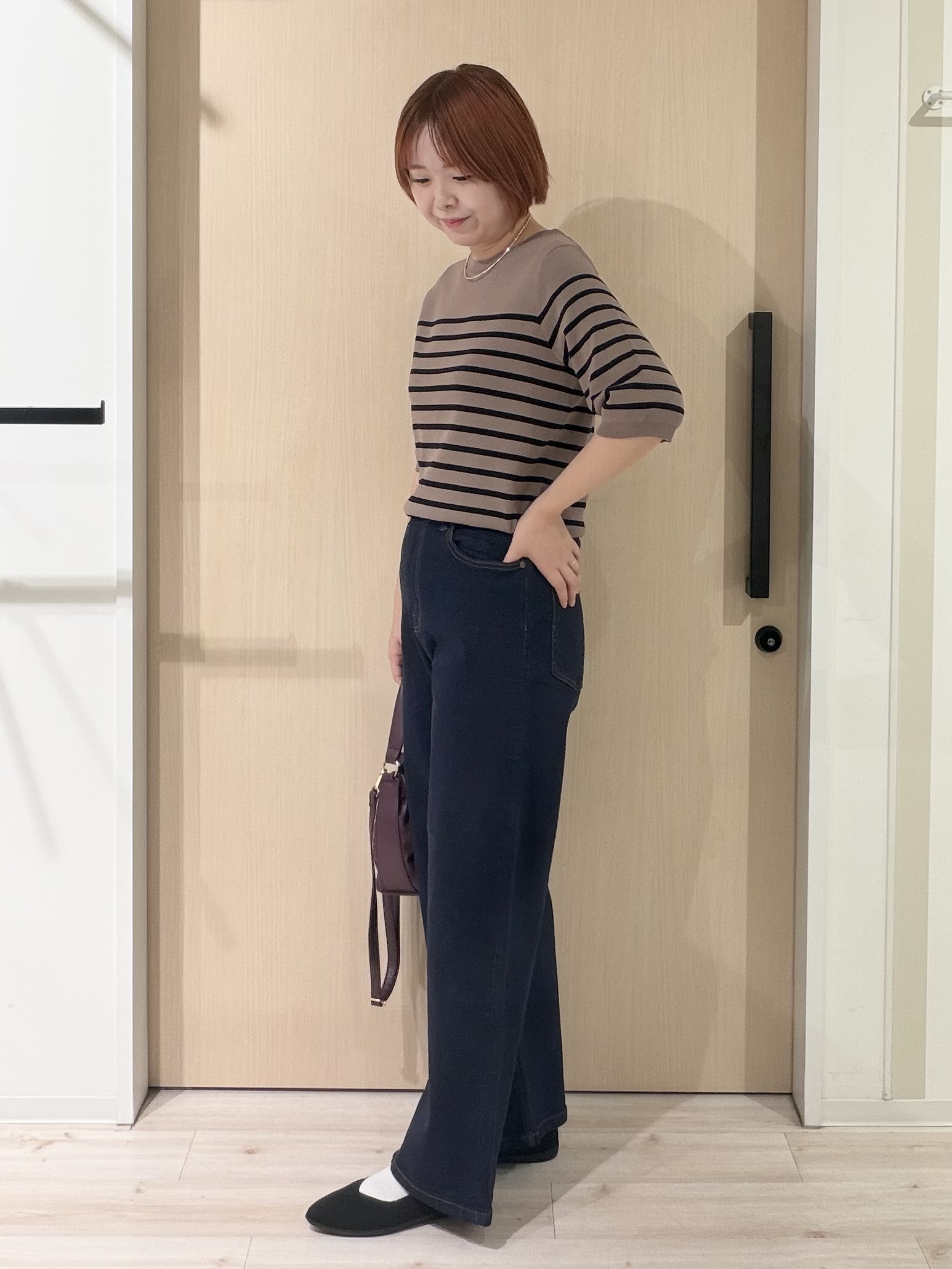 ひらしーさんの「SHOO･LA･RUE｜【ガンガン洗える/ひんやり/UV/毛玉になりにくい】二の腕見せない 5分袖ニット」を使ったコーディネート