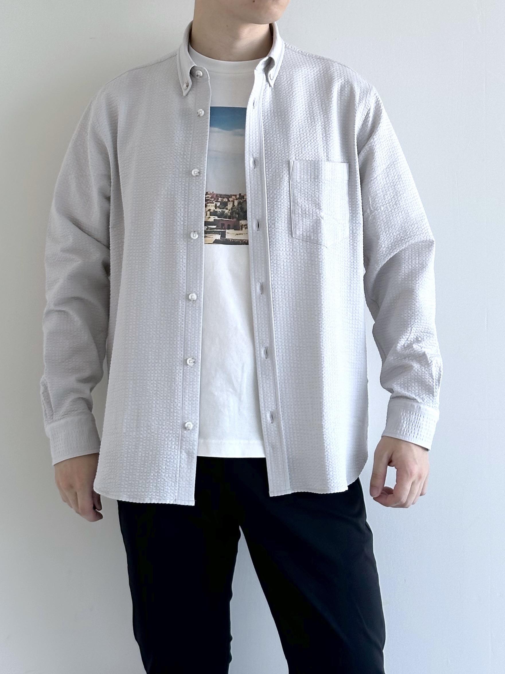 イッシーさんの「TAKEO KIKUCHI｜【抗菌防臭/シーズンレス】シアサッカー ジャージシャツ」を使ったコーディネート