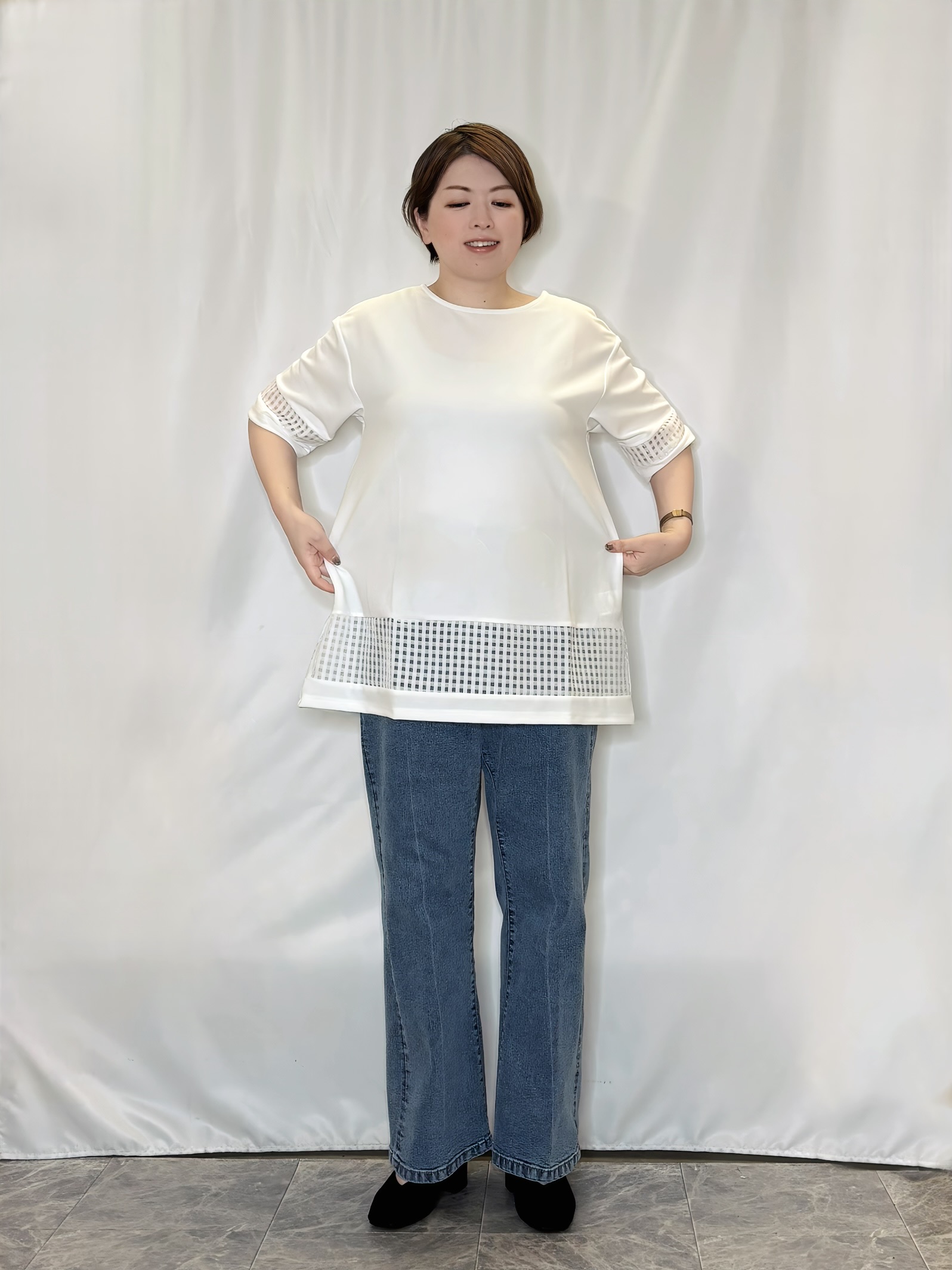 たみさんの「SHOO･LA･RUE｜【S-LL】上品に体型カバー 大人のシアーチェックチュニック」を使ったコーディネート