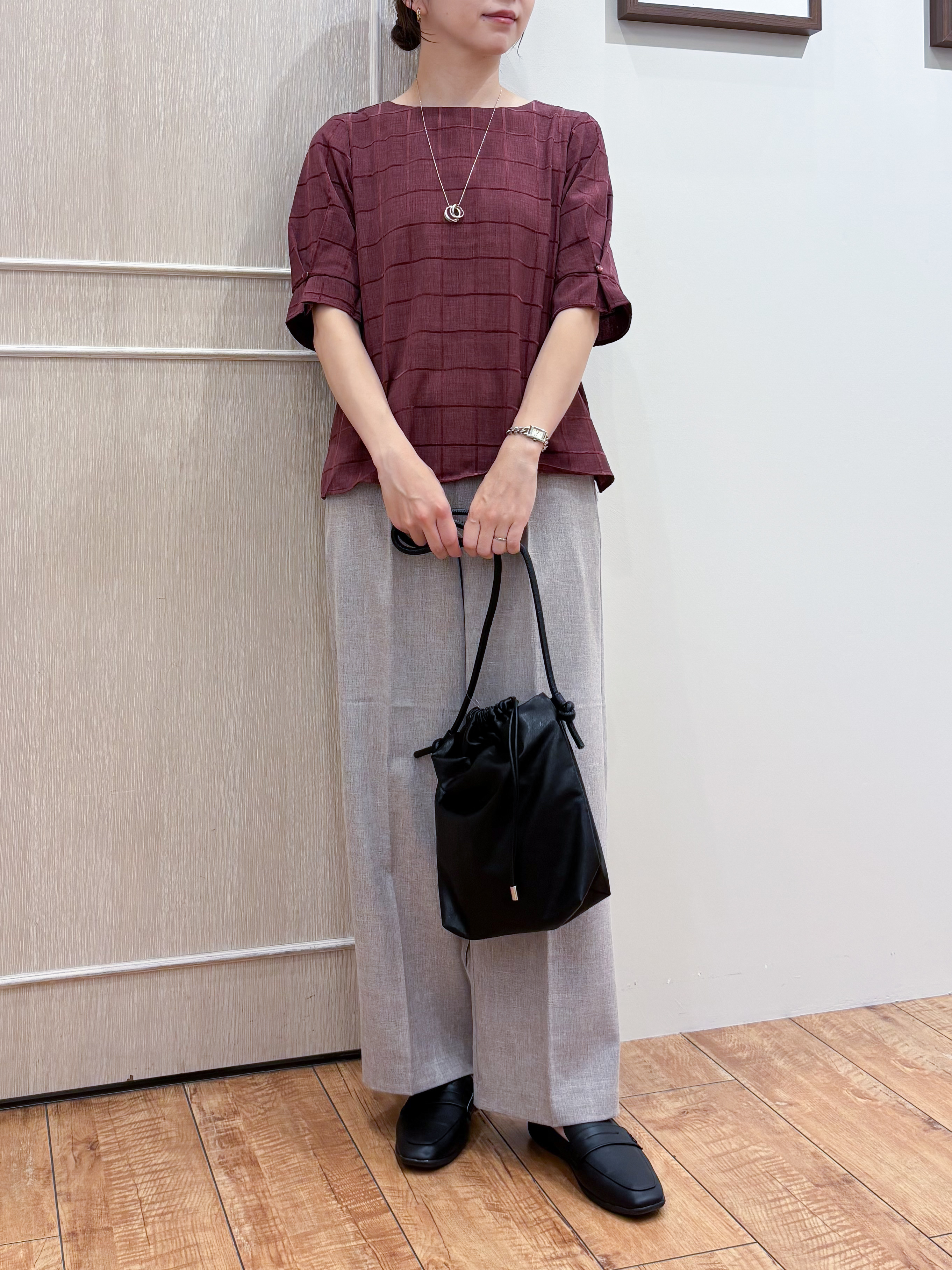 なみさんの「SHOO･LA･RUE｜【セットアップ可/S-LL】1枚で秋気分 モールチェックタックスリーブ ブラウス」を使ったコーディネート