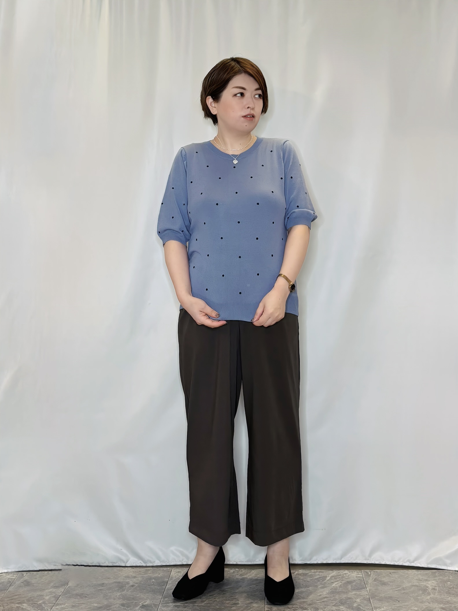 たみさんの「SHOO･LA･RUE｜【ひんやり/S-LL】ほんのり甘い ドット刺繍ニット」を使ったコーディネート
