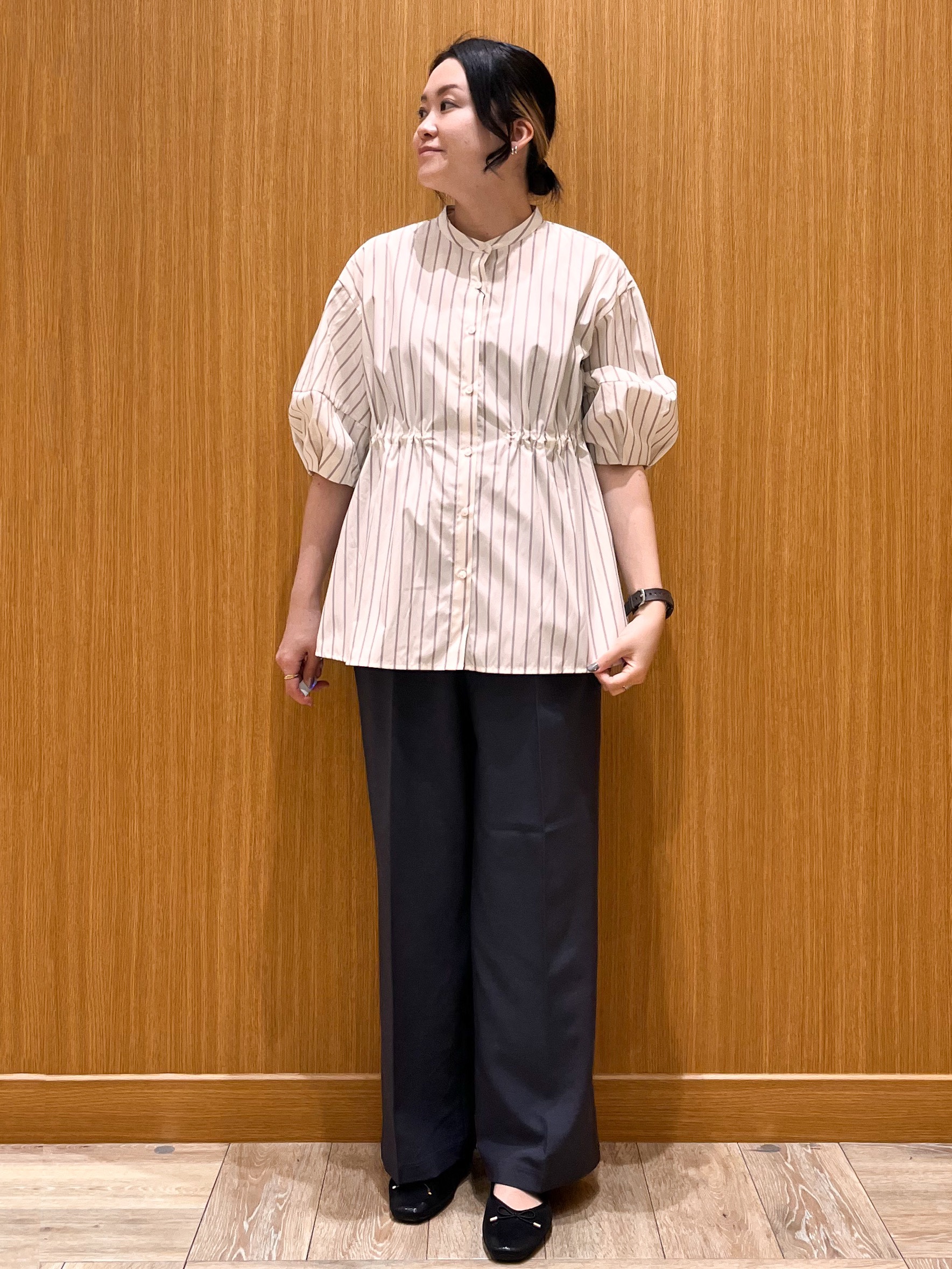 aさんの「OPAQUE.CLIP｜ストライプ ペプラムブラウス【洗濯機OK】」を使ったコーディネート