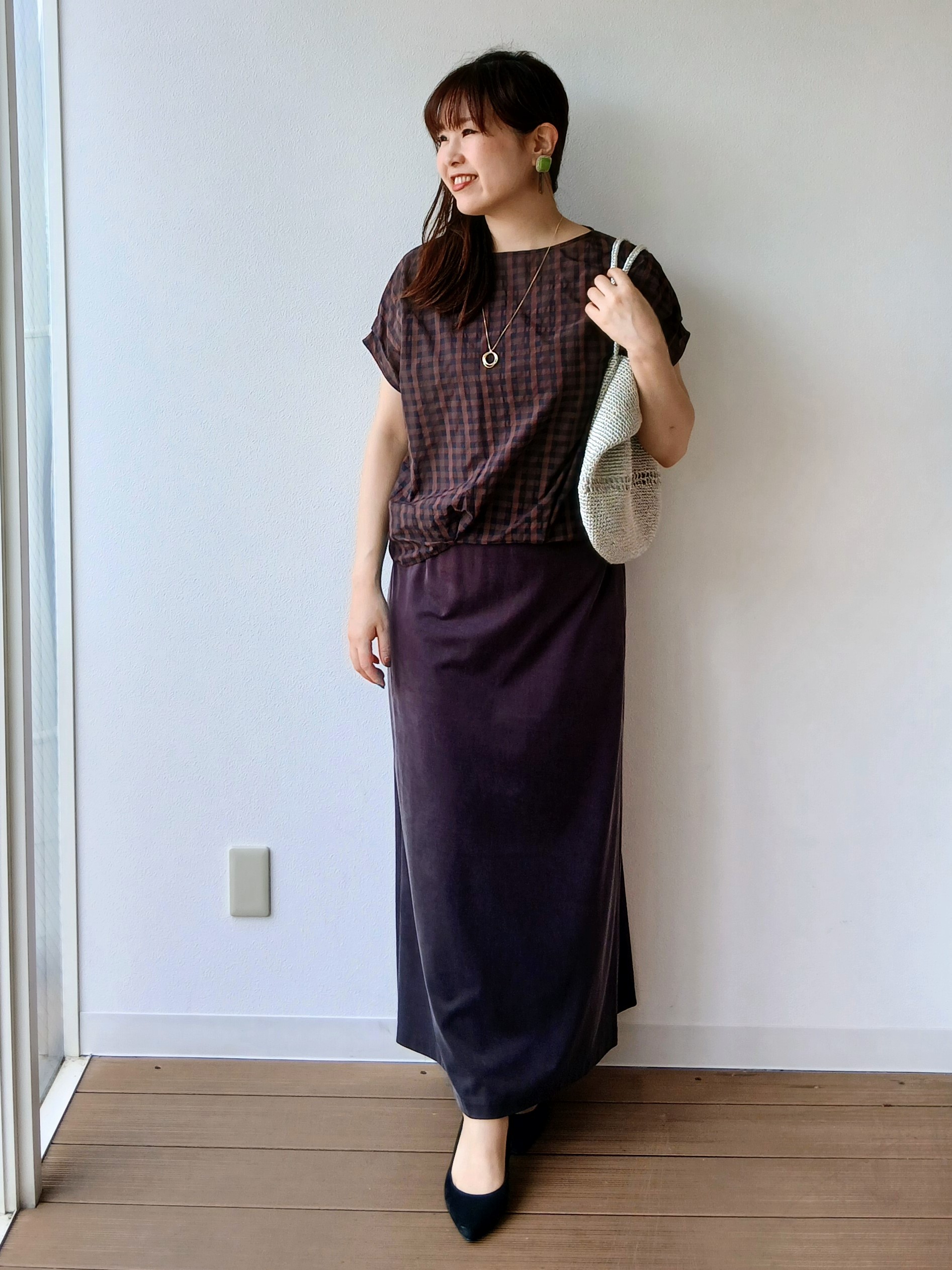 なみきさんの「UNTITLED｜【秋めきシャツ/体型カバー】シアーチェックブラウス」を使ったコーディネート