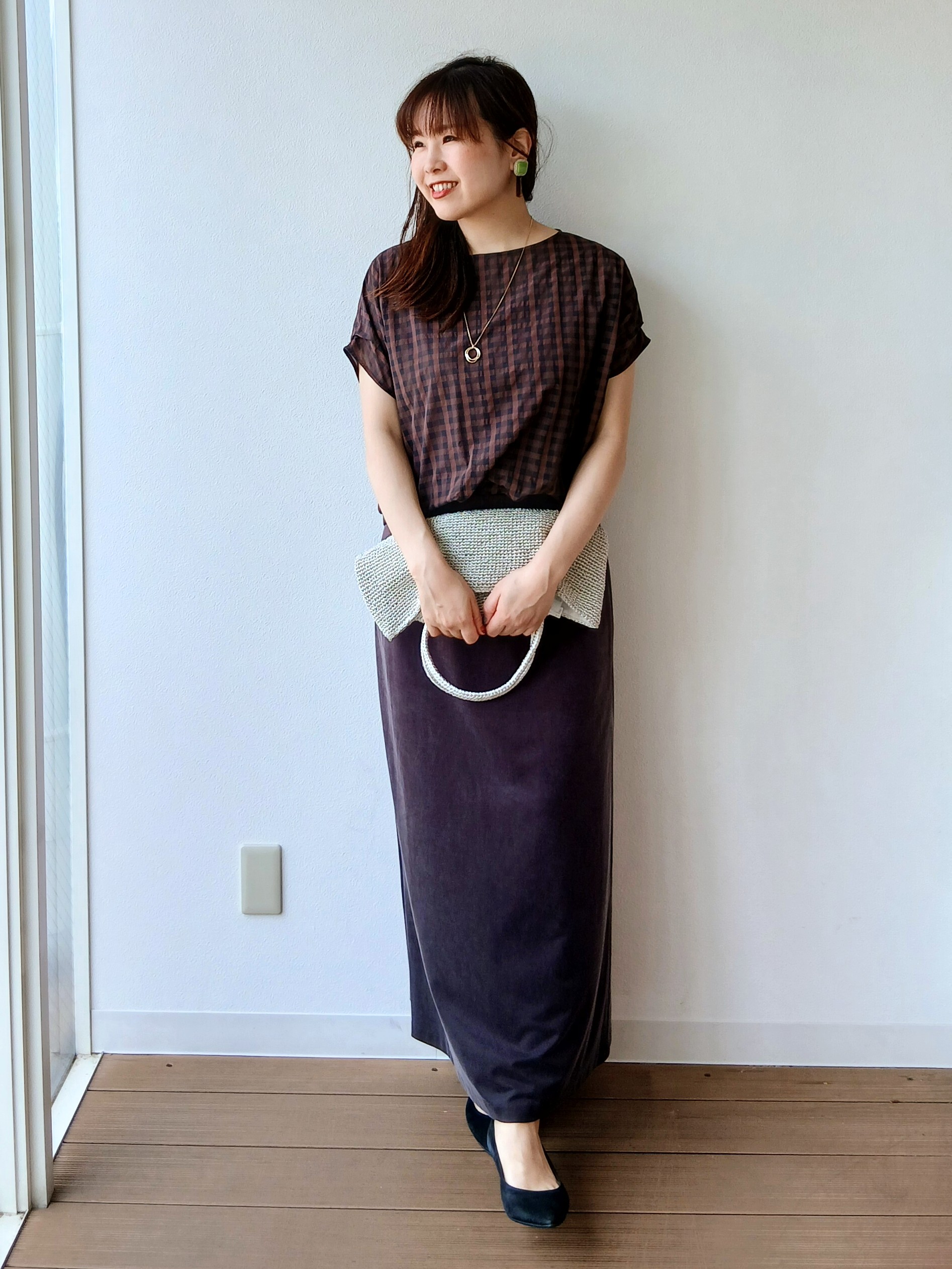 なみきさんの「UNTITLED｜【秋めきシャツ/体型カバー】シアーチェックブラウス」を使ったコーディネート