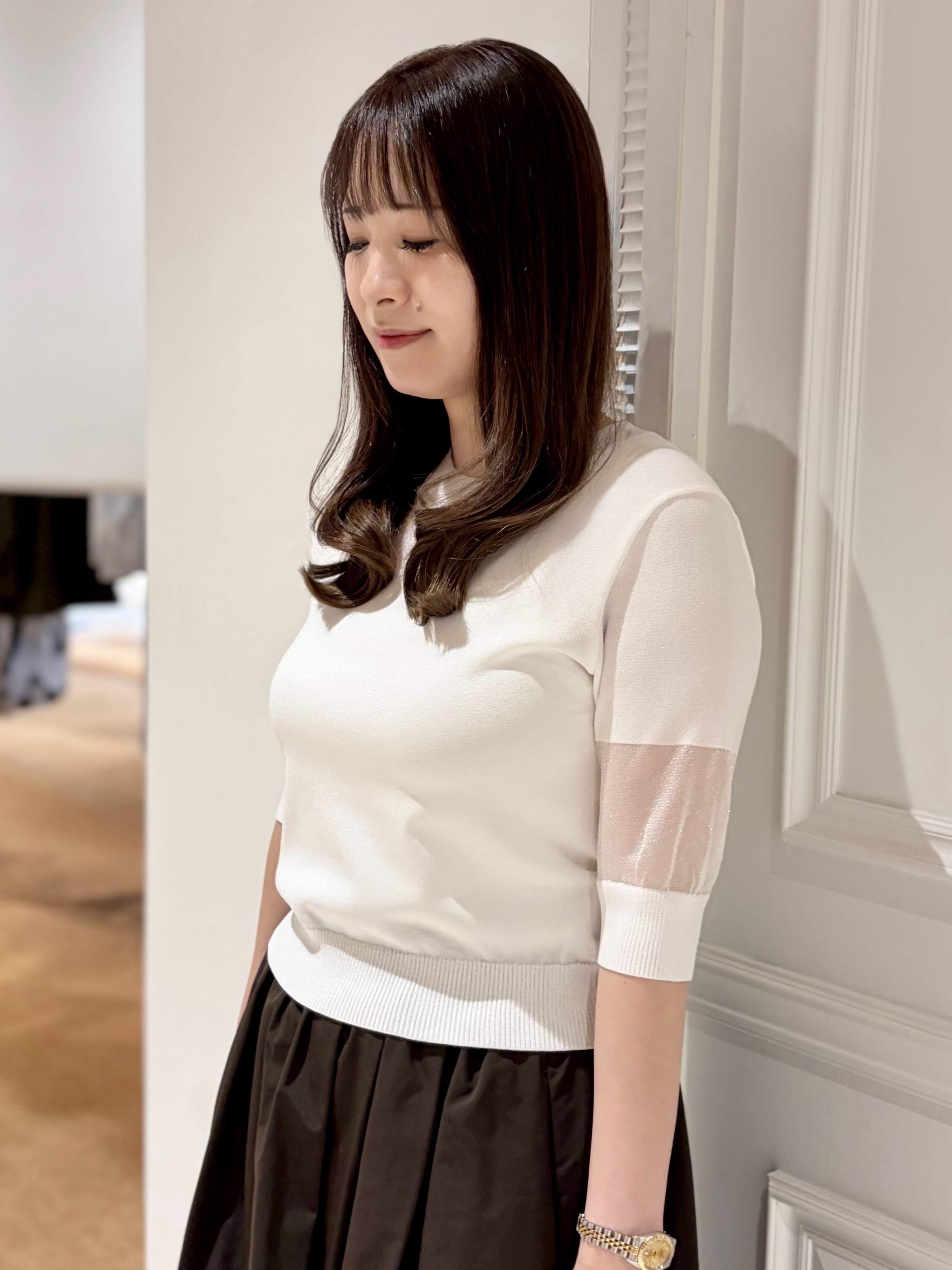 minowaさんの「DRESSTERIOR｜【日本製/シアー素材】ウォッシャブルニット ハーフスリーブプルオーバー」を使ったコーディネート