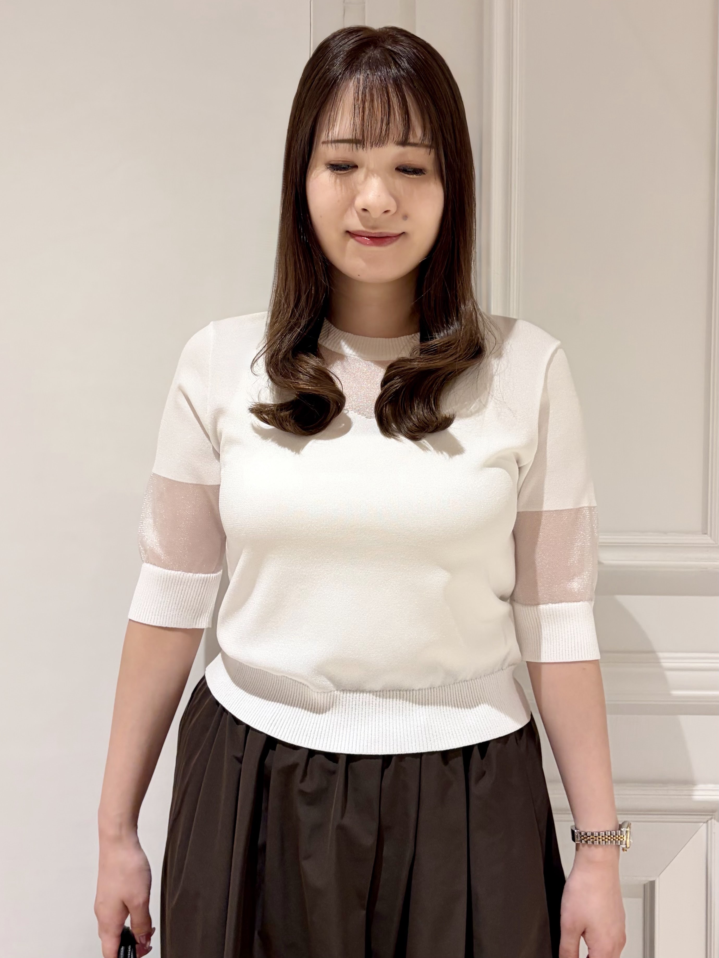 minowaさんの「DRESSTERIOR｜【日本製/シアー素材】ウォッシャブルニット ハーフスリーブプルオーバー」を使ったコーディネート
