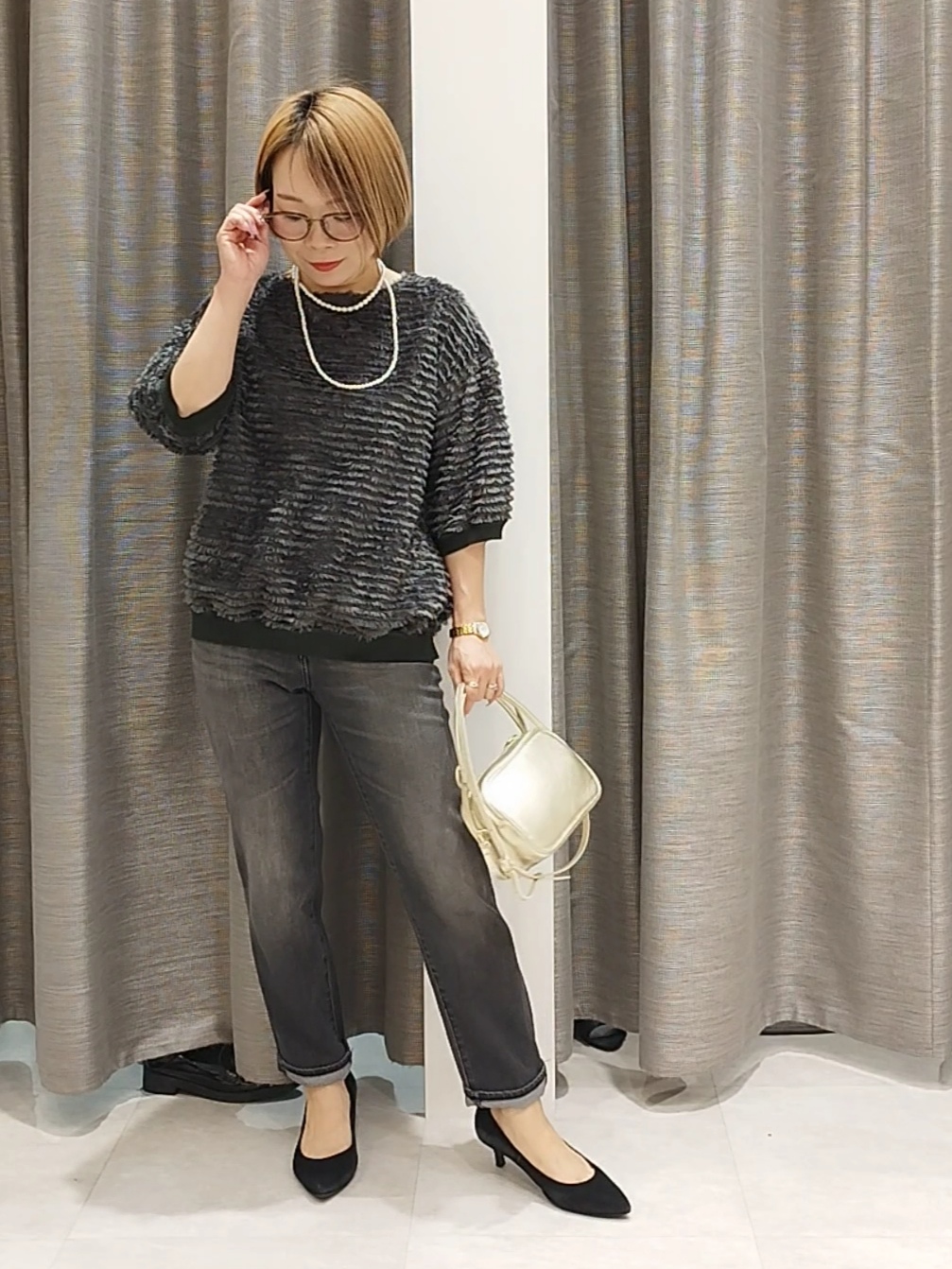 s u g iさんの「UNTITLED｜【秋映え/体型カバー】フェザージャガードプルオーバー」を使ったコーディネート