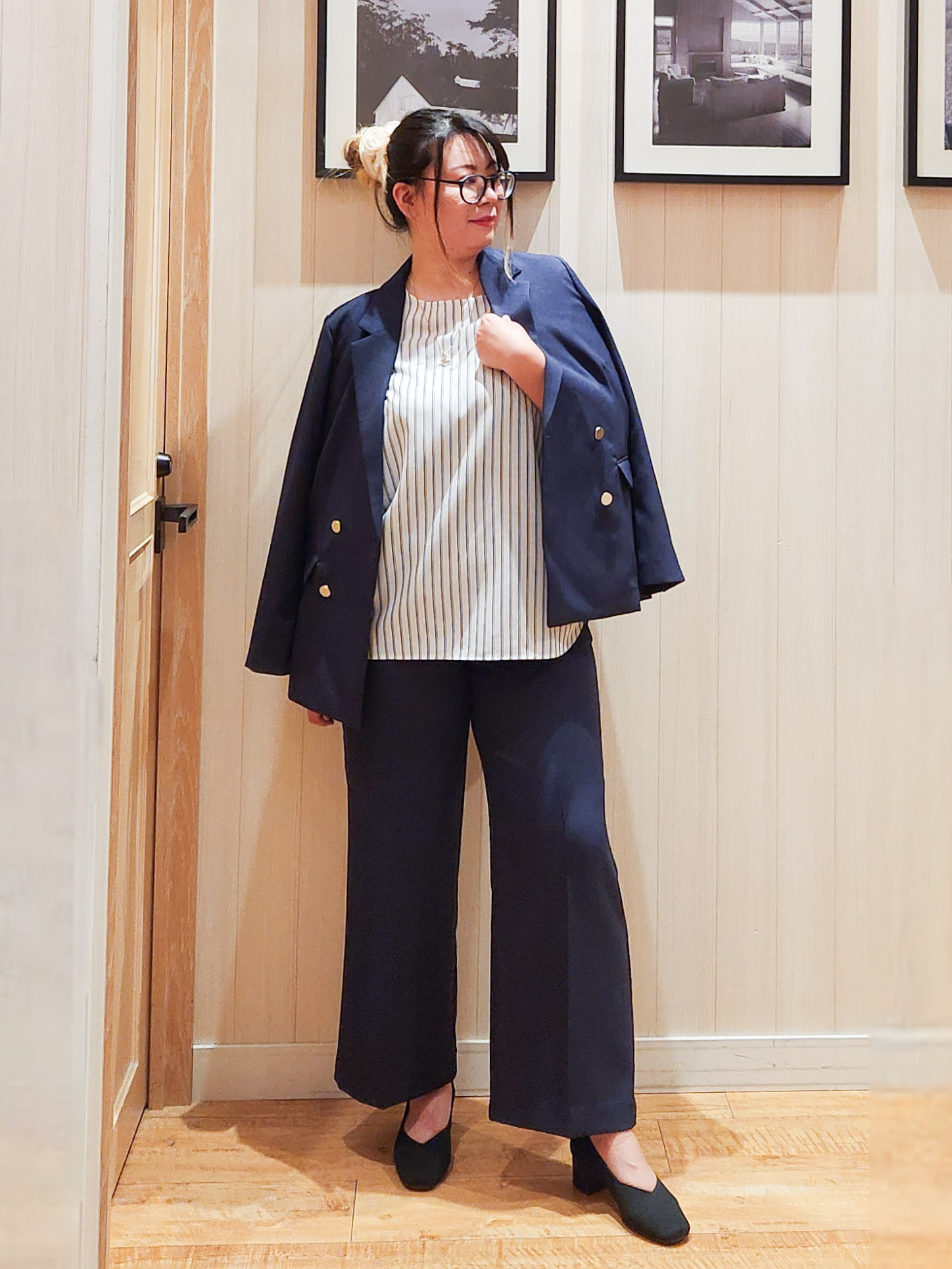 れーやんさんの「SHOO･LA･RUE｜【セットアップ可/通勤/洗濯機可/SS-LL】オンオフ使える ダブルブレストジャケット」を使ったコーディネート
