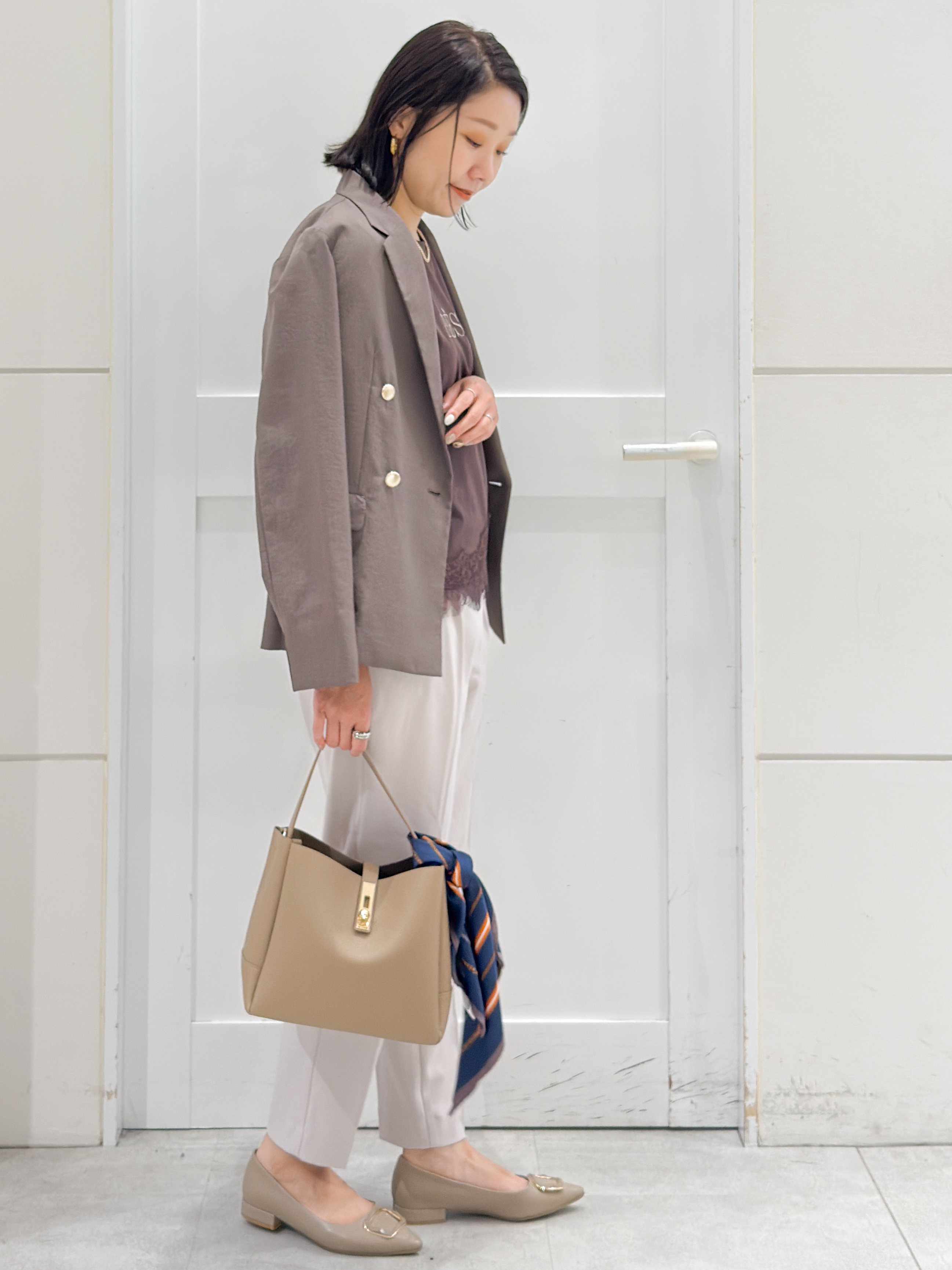 yuka.aさんの「OPAQUE.CLIP｜《再入荷》ダブルブレストテーラードジャケット【接触冷感／吸水速乾／イージーアイロン／防シワ／洗濯機O」を使ったコーディネート