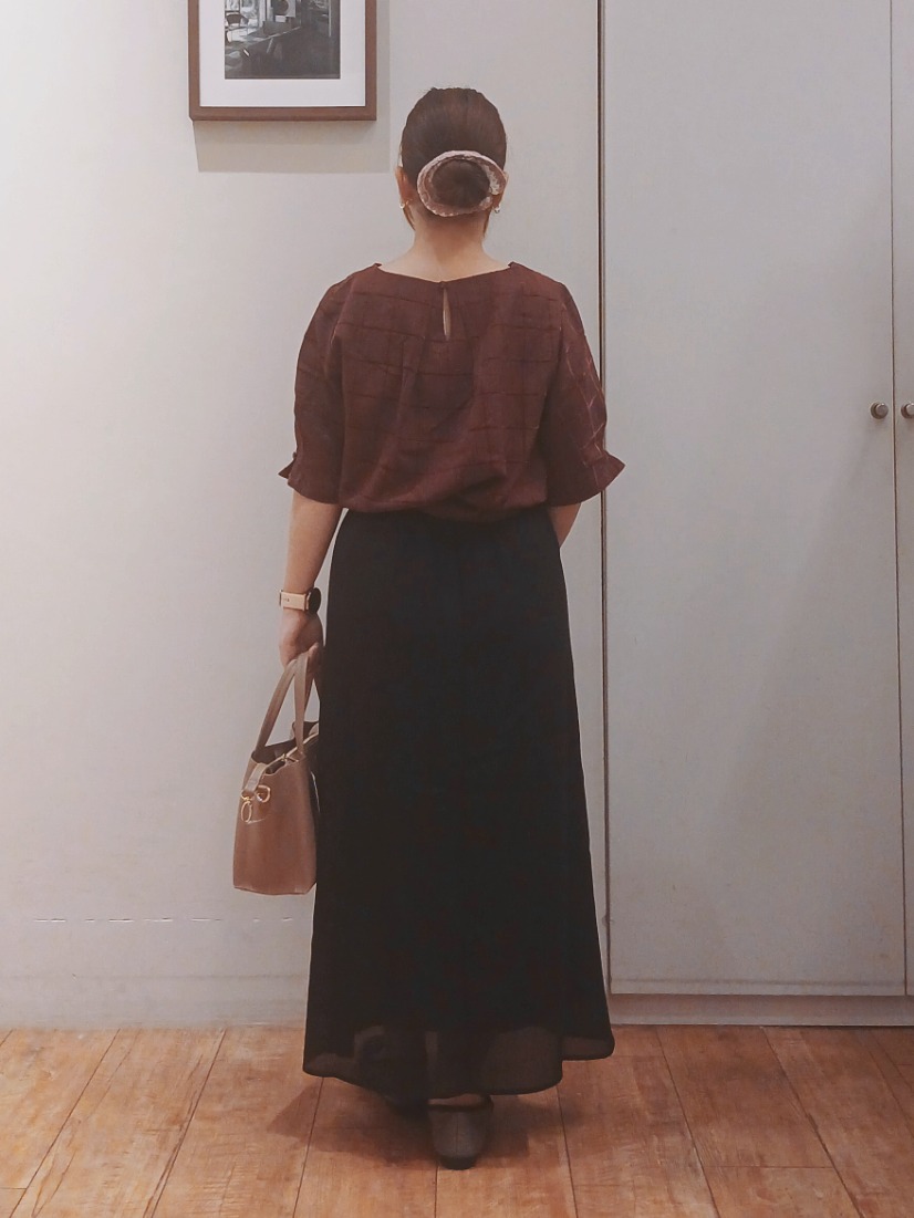 Riranさんの「SHOO･LA･RUE｜【セットアップ可/S-LL】1枚で秋気分 モールチェックタックスリーブ ブラウス」を使ったコーディネート