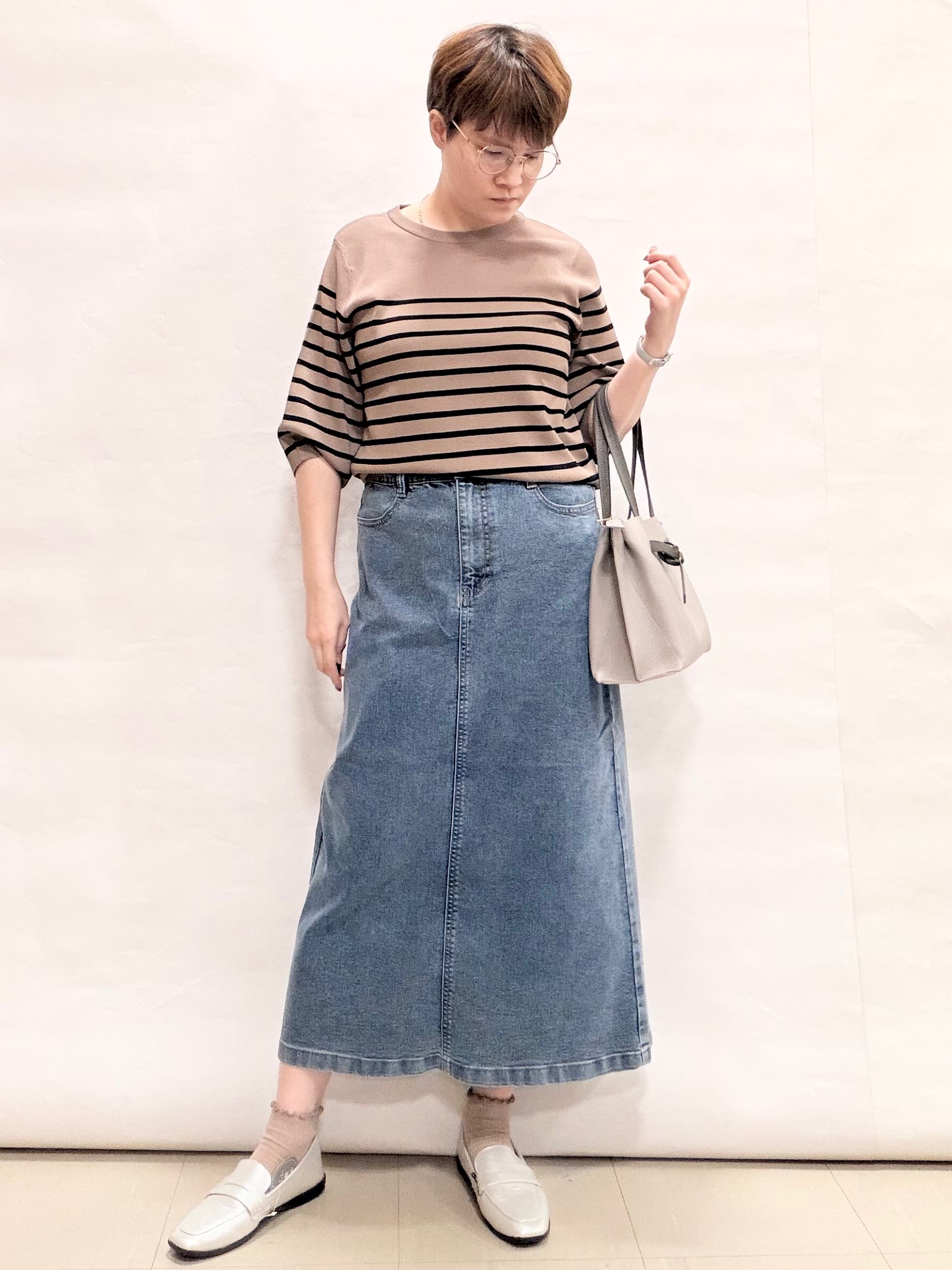 なっちゃんさんの「SHOO･LA･RUE｜【ガンガン洗える/UV/毛玉になりにくい】二の腕見せない 5分袖ニット」を使ったコーディネート