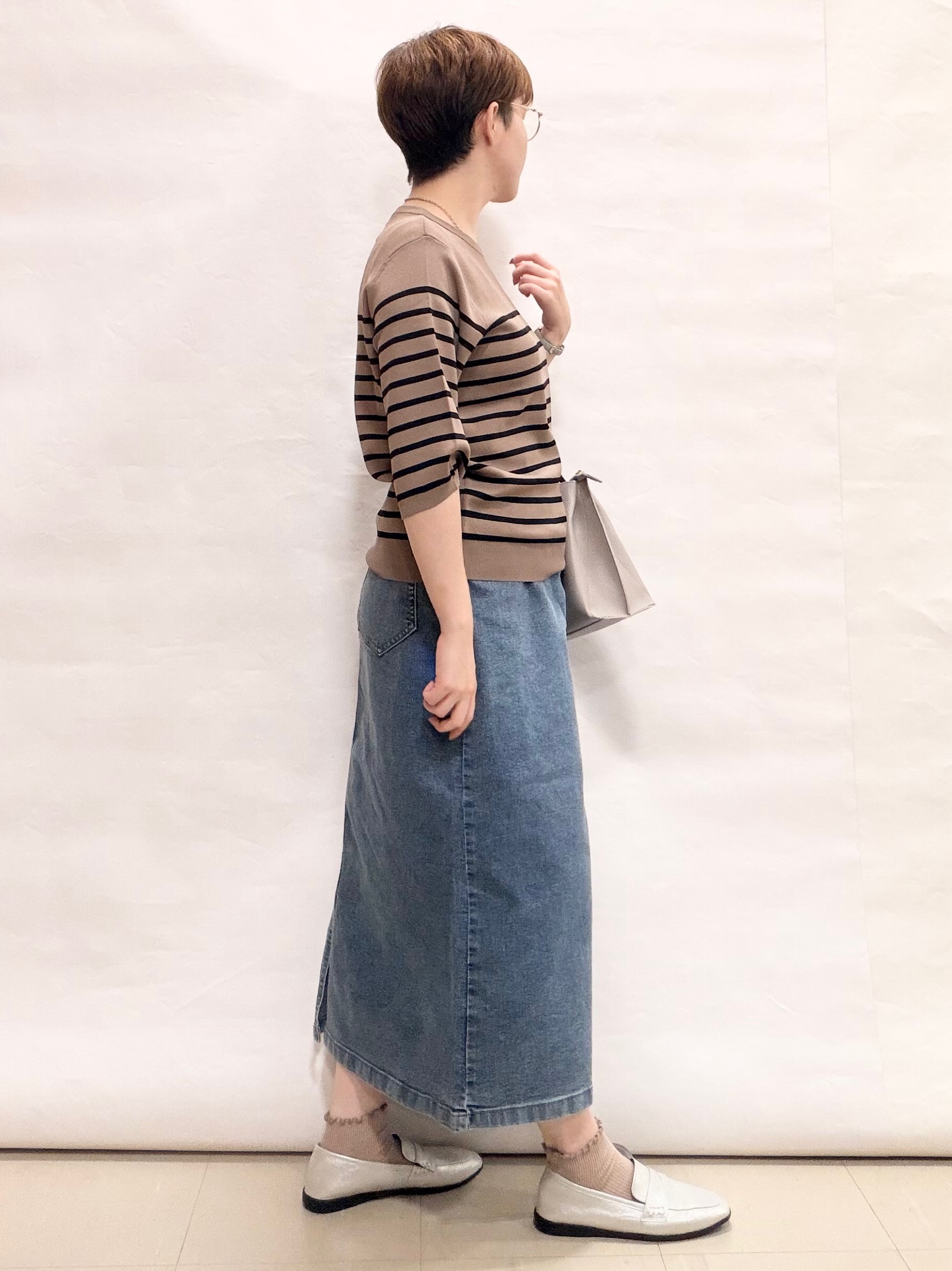 なっちゃんさんの「SHOO･LA･RUE｜【ガンガン洗える/UV/毛玉になりにくい】二の腕見せない 5分袖ニット」を使ったコーディネート