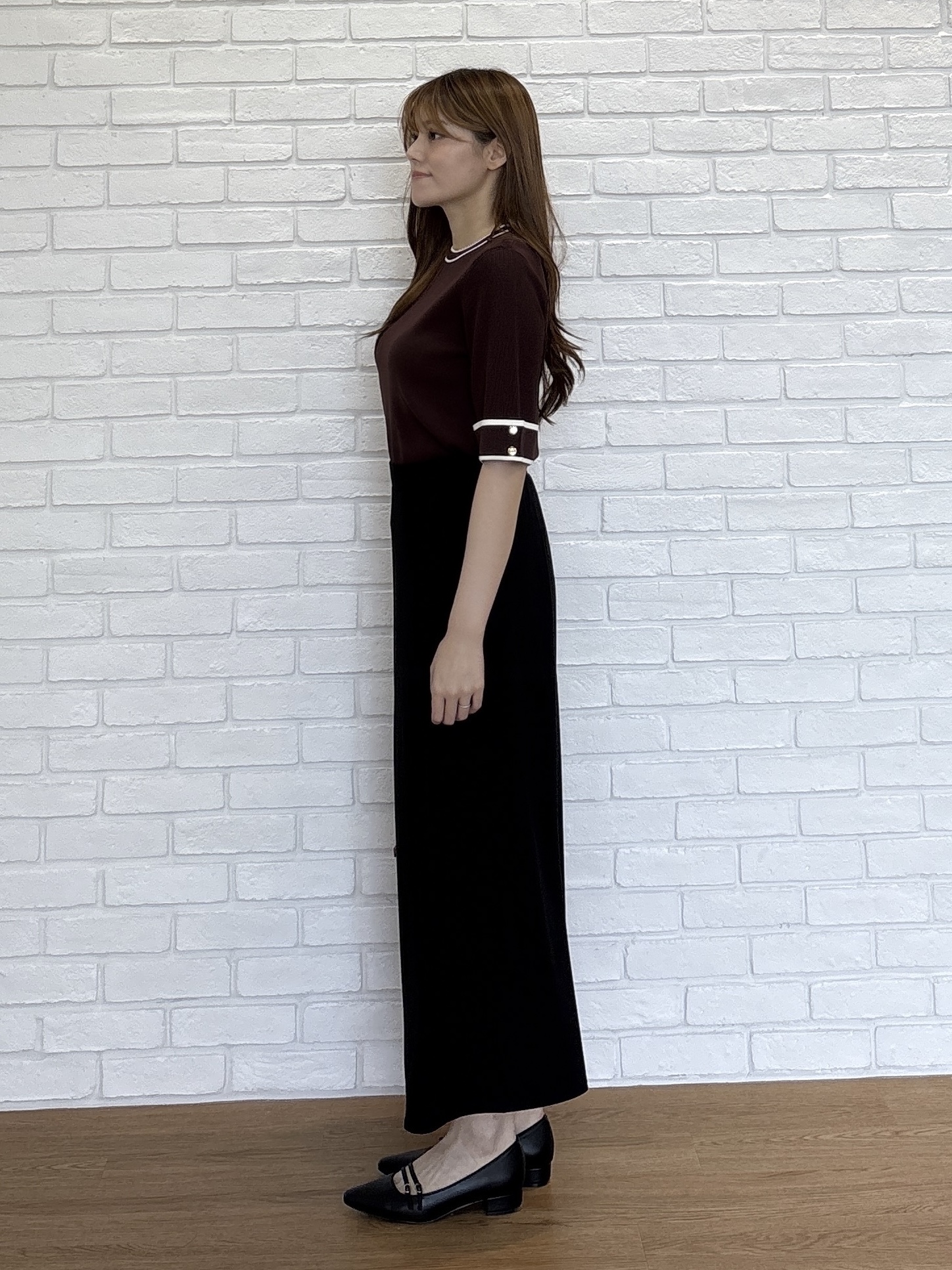 sayaさんの「grove｜新色追加！【シリーズ累計36万枚/名品ニット】やわらかドライタッチ 袖メッシュ編みニット」を使ったコーディネート